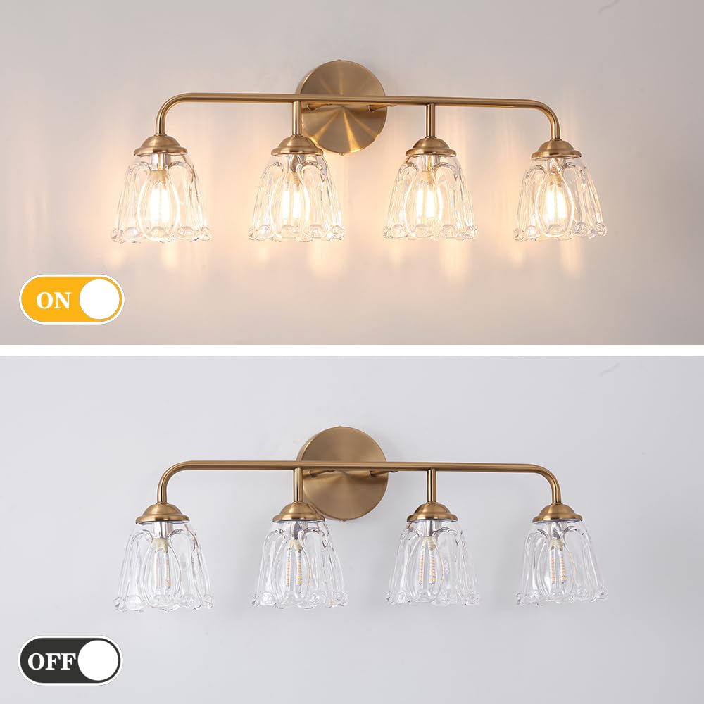 Vintage Brass Gold Vanity Lights For Bathroom, 4-Light Bathroom Lighting Fixtures Over Mirror, Elegant Flower Glass Bathroom Van