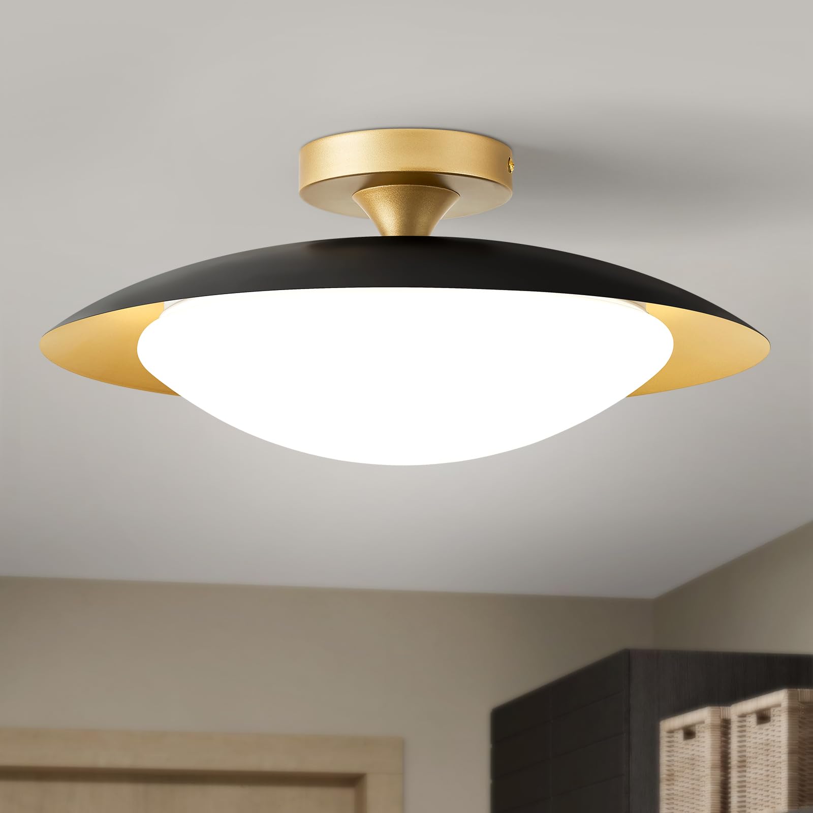 Dimmable Mid Century Modern Semi Flush Mount Ceiling Light with Acrylic Shade,Black Gold LED Ceiling Light,5CCT 2700K-6000K Ligh