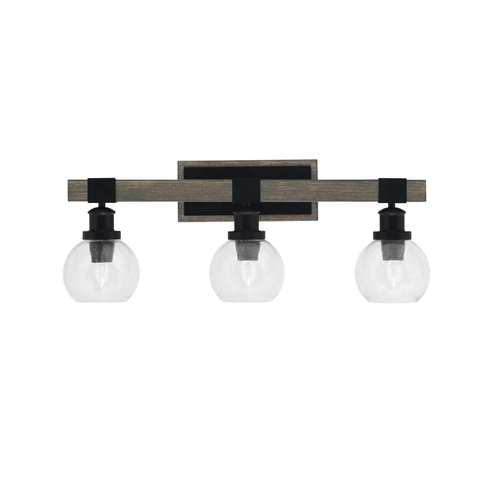 Toltec Lighting Tacoma 3 Light Bath Bar - Matte Black, Distressed Wood-Look Metal, 5.75in Clear Bubble Glass