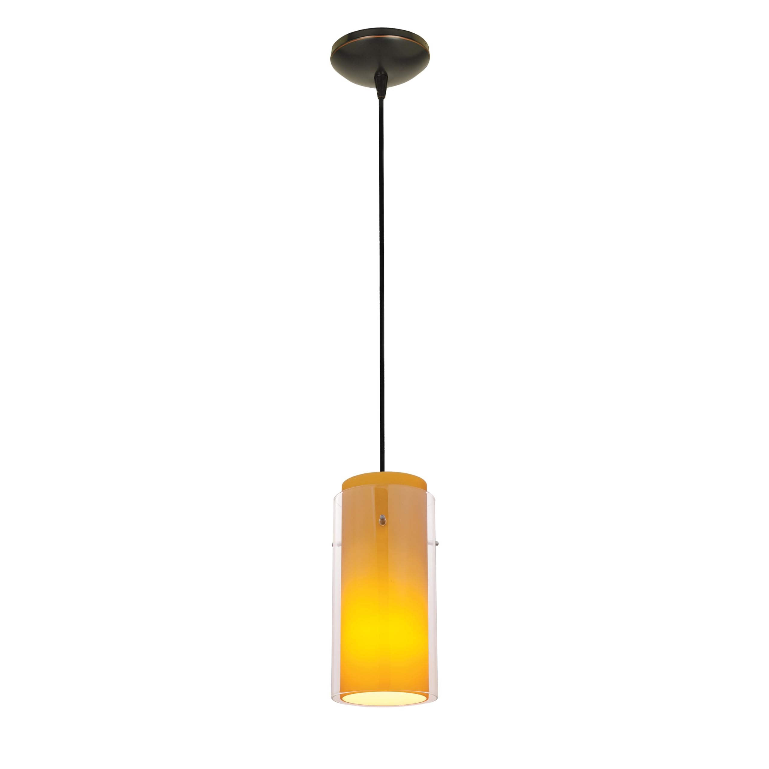 Glass`n Glass Cylinder Pendant - Cord - Oil Rubbed Bronze Finish - Clear Amber Glass Shade