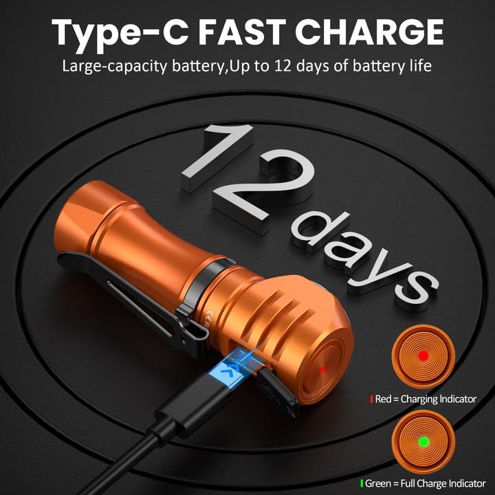 Wurkkos Rechargeable Flashlight 1200 Lumens Right Angle Aluminum Orange 6000K HD10