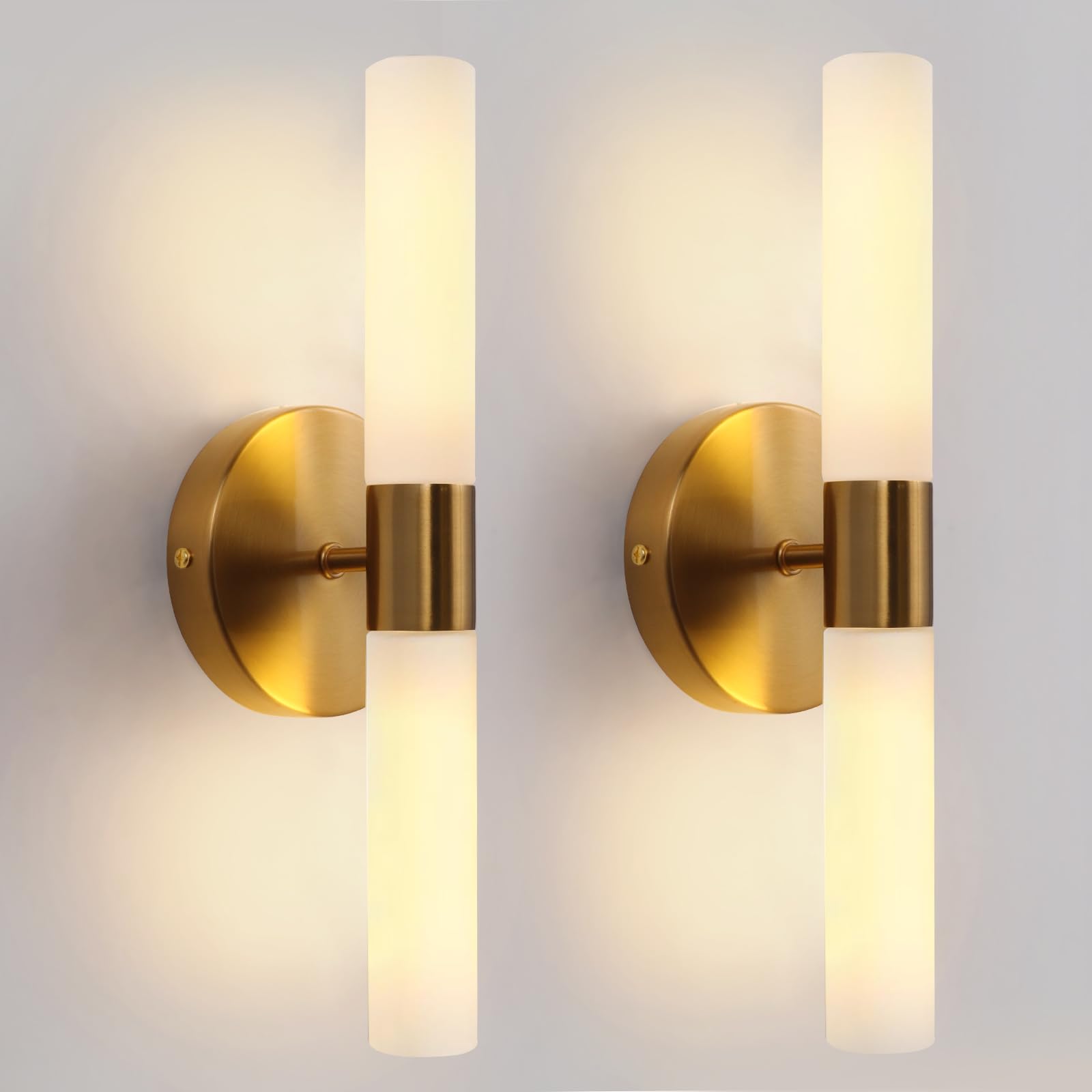 KUZZULL Wall Sconces Set of Two Modern Brushed Brass Gold Iron + White Glass 14in Bathroom Lighting