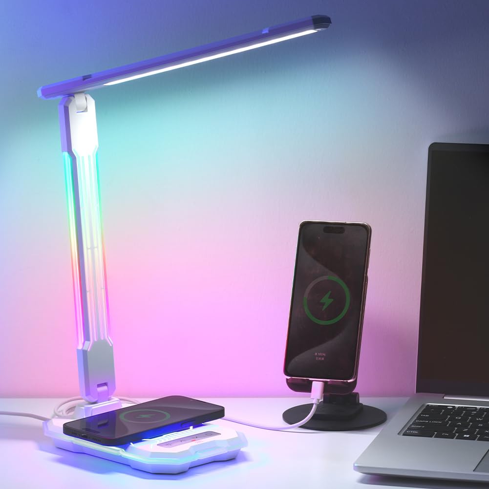 WILIT Color Changing Desk Lamp, RGB Foldable Gaming Light with Sound Reactive, 10W Wireless & USB Charging Port, Adjustable Arm,