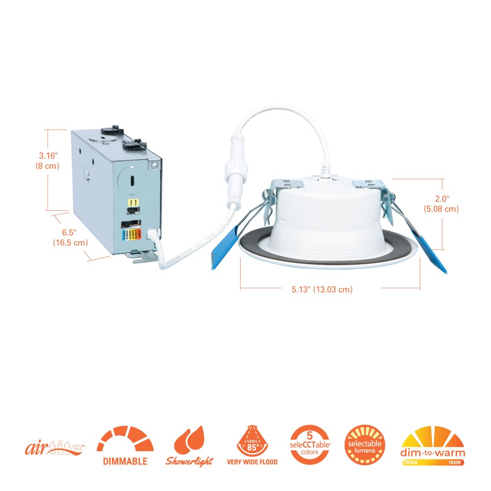 HALO LED Recessed Downlight 4 inch, 600/900 Lumens, 5CCT (2700K-5000K), Dim to Warm, Aluminum, Model RL4