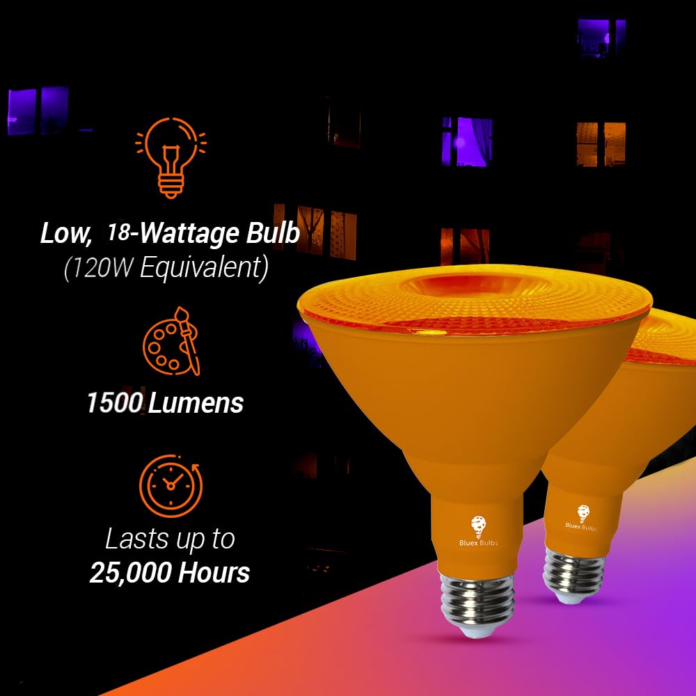 Bluex Bulbs 2 Pack LED Par38 Flood Lights - 18W Dimmable, E26 Base, Orange - Party Decoration