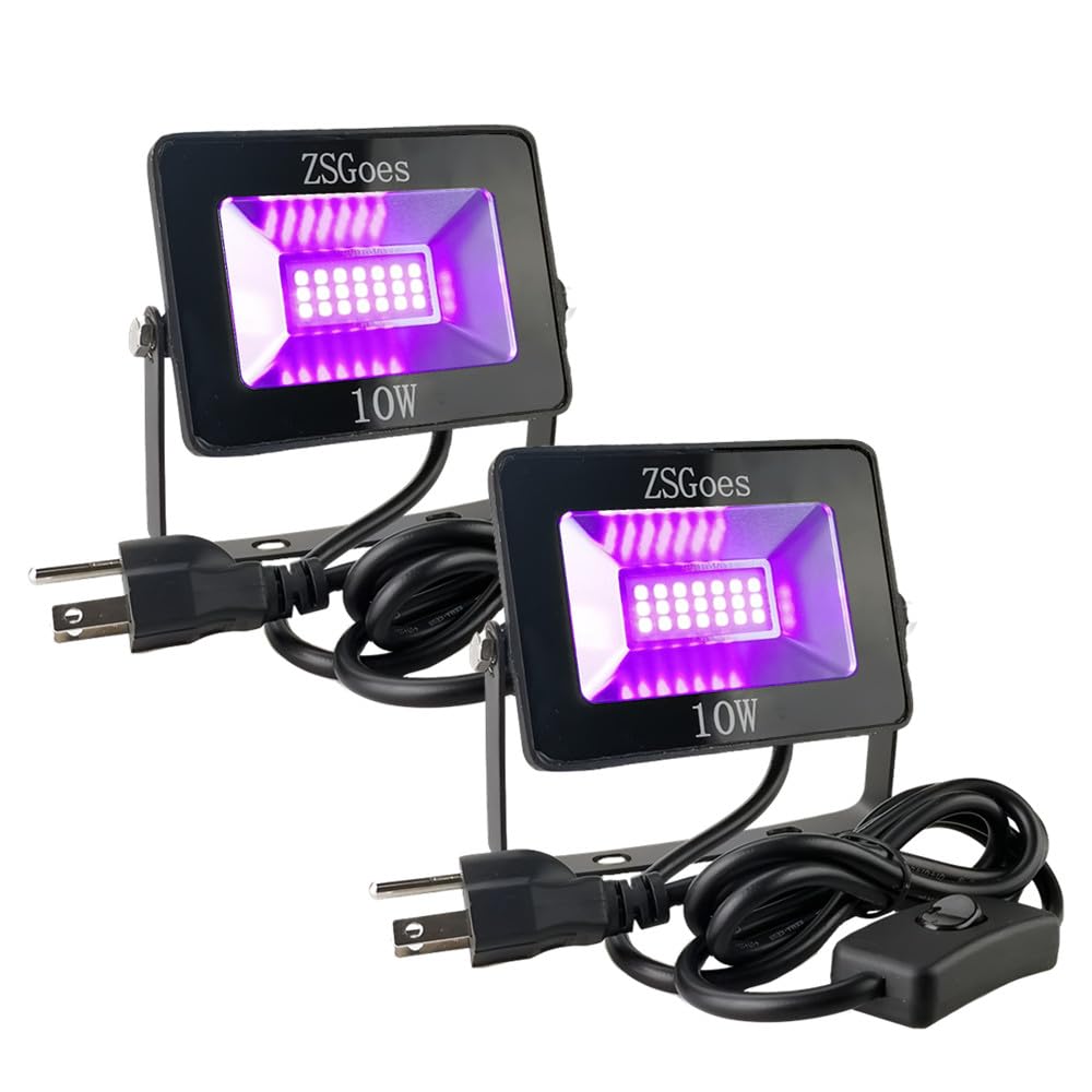 Zsgoes 2 Pack 10W Uv Ultraviolet Black Light 110Vac For Halloween Blacklight Party  Stage Lighting  Fluorescent Body discomfort-reducingt  Glow In The Dark  Fishing  Uv Glue Curing  Screen Printing  Us Plug Switch