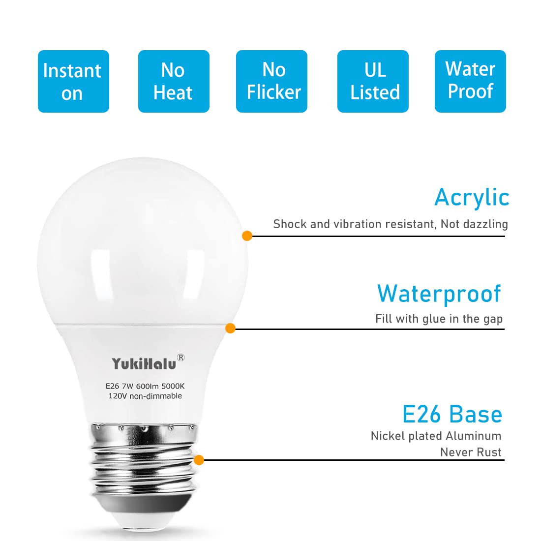 Yukihalu A15 Led Light Bulbs, 60W Equivalent, E26 Base, 3000K/5000K White, 7W 600 Lumens 120V, Ul Listed, Ceiling Fan Light Bulb