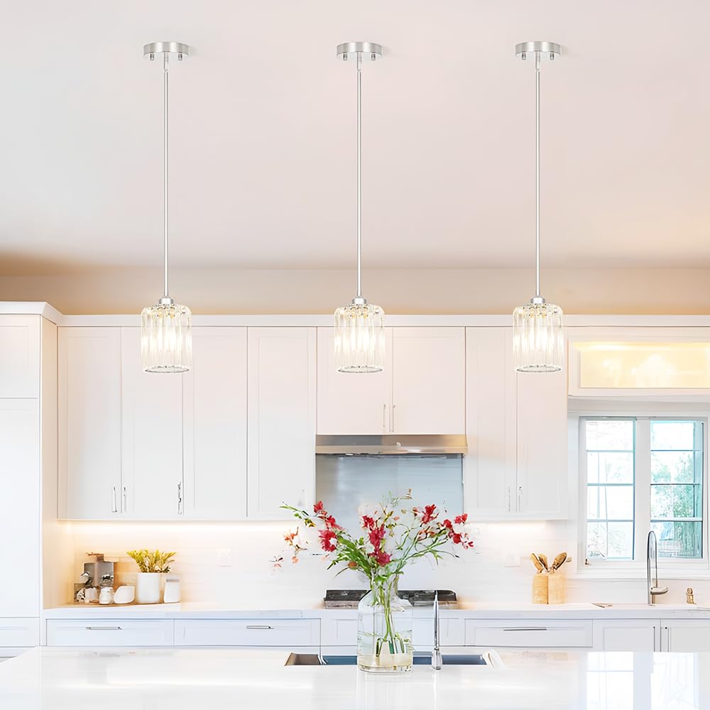 Lxybcce Chrome Kitchen Pendant Light - Adjustable Crystal Fixture for Sloped Ceiling, E26 Bulb, 6in Size, Model LB2530C-CL-1
