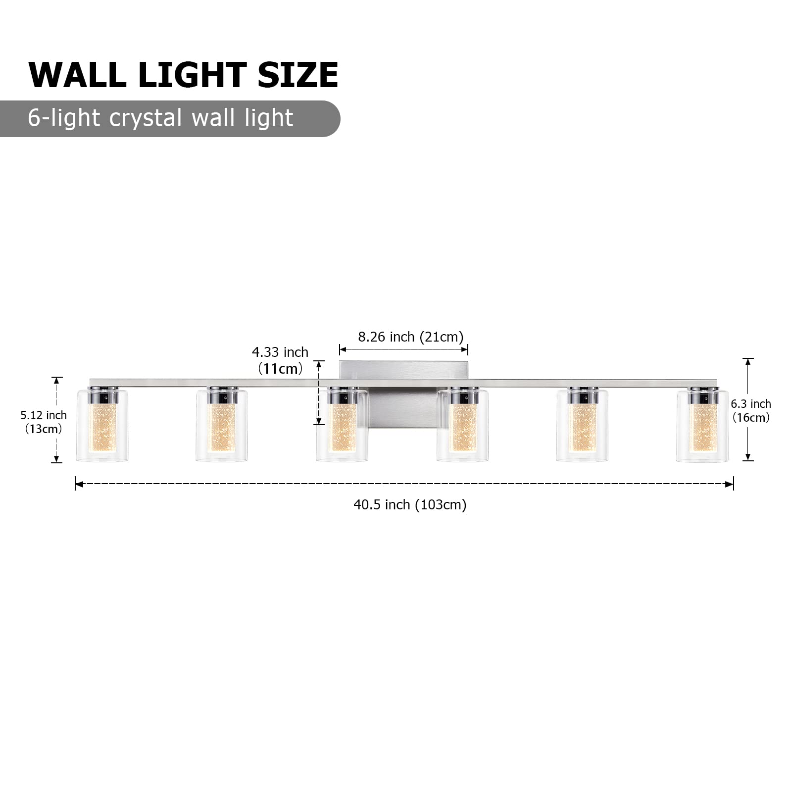 SADENICEL 6-Light LED Vanity Light Fixtures, Brushed Nickel, Metal, Model YC-B90-042-20-SB, for Bathroom, Bedroom, Living Room