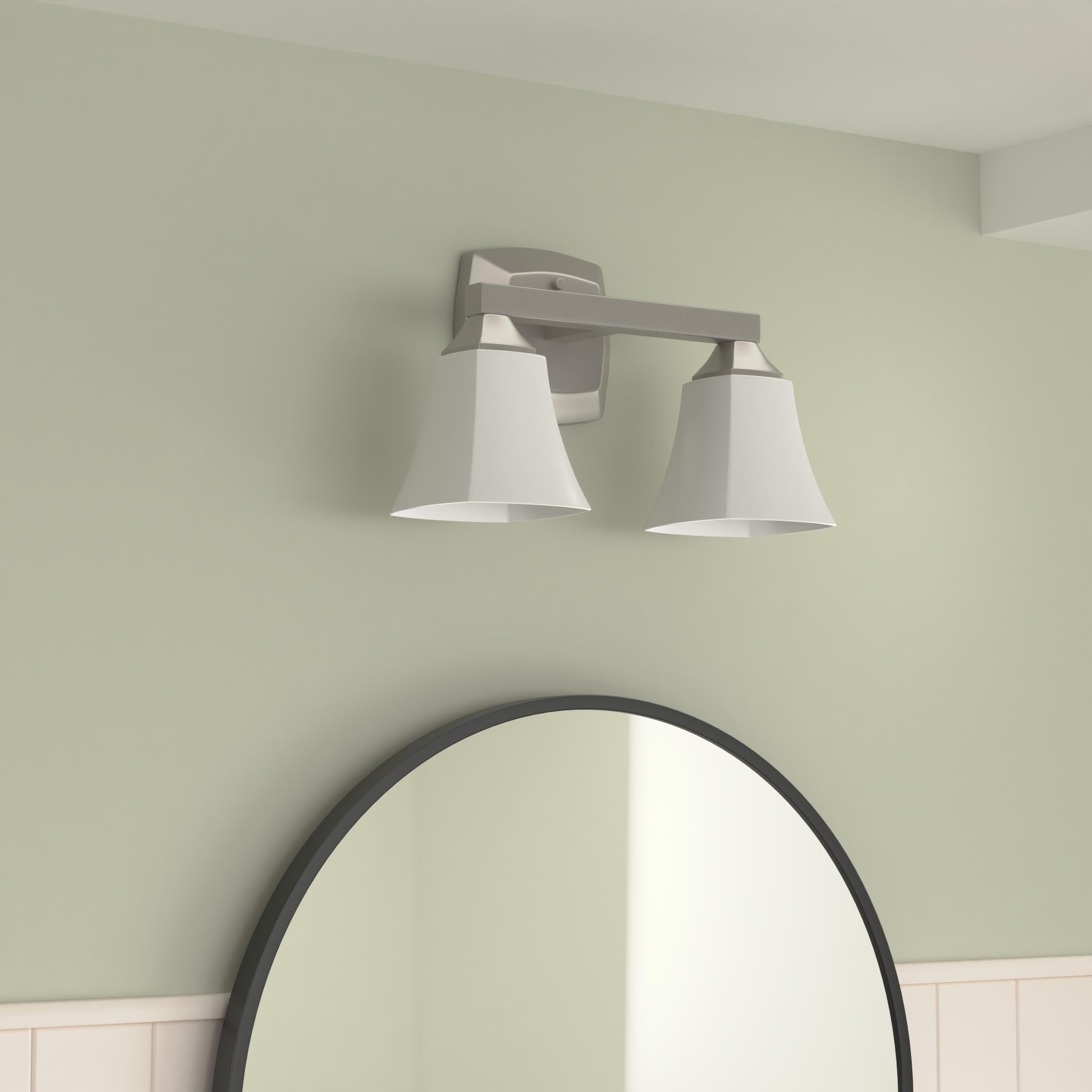 Moen Voss 2-Light Bath Vanity Fixture, Frosted Glass, Brushed Nickel, 7.24x9.61x19.65 inches, Model YB5162BN