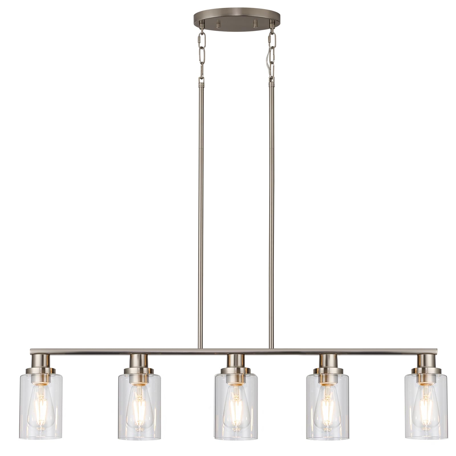 Kpiok Kitchen Island Pendant Lighting, 5-Light Farmhouse Dining Room Light Fixture Over Table, Brushed Nickel Finish With Clear Glass Shade, Rustic Industrial Linear Chandelier For Kitchen Island