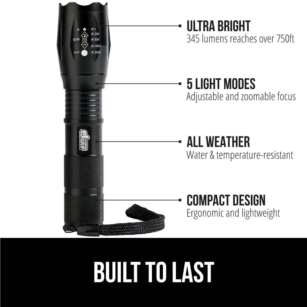 Gorilla Grip 2 Pack Led Tactical Handheld Flashlight, High Lumens, Ultra Bright 5 Mode, Long Lasting Water Resistant, 750 Ft Zoom Flashlights, Camping Accessory, Outdoor Camp Gear, Emergencies, Black