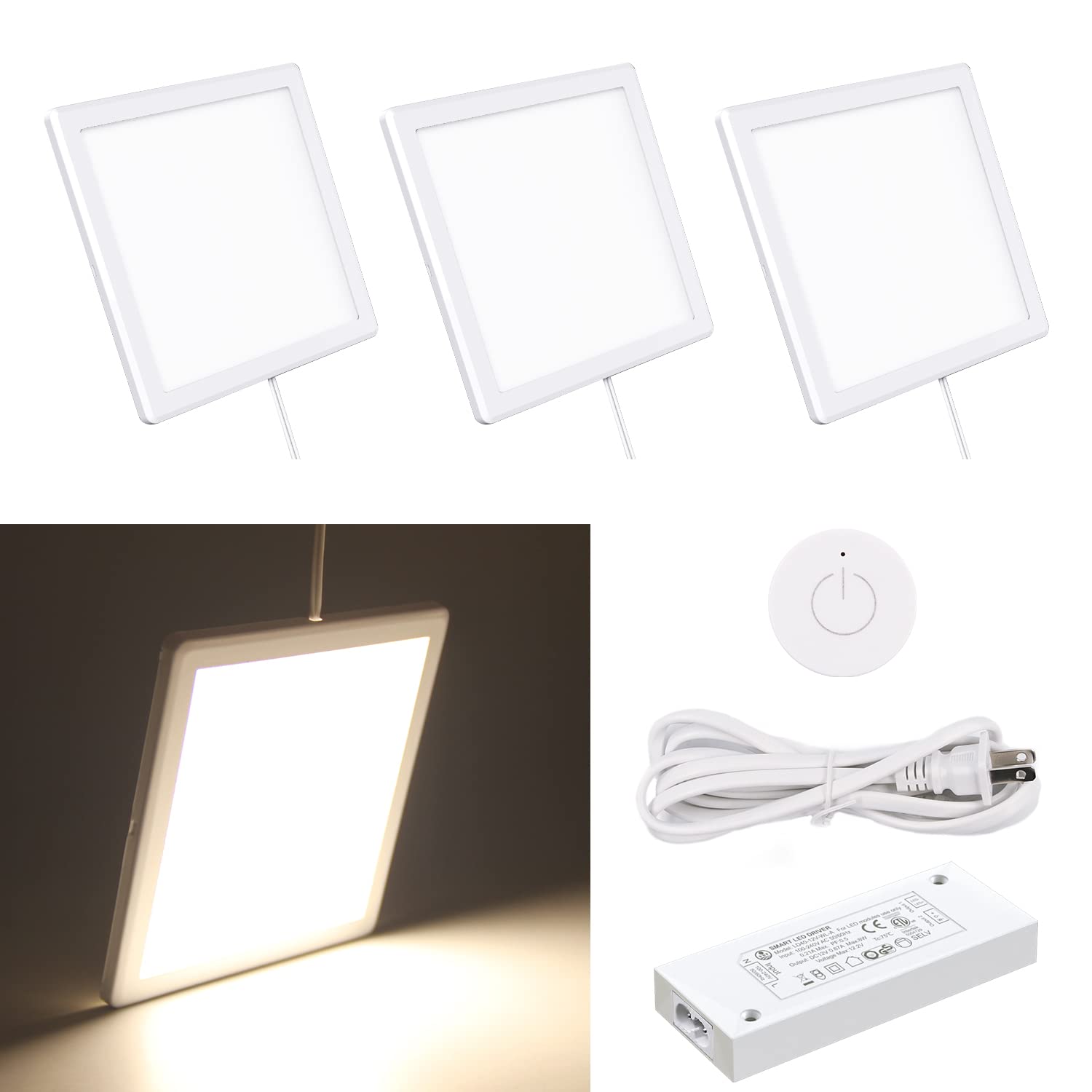 VST Under Cabinet Mini Panel Lighting 3PCS 3.94inch 12V 2.5W(Total 7.5W) with Wireless Dimmer Switch, Surface Mount Puck Light f