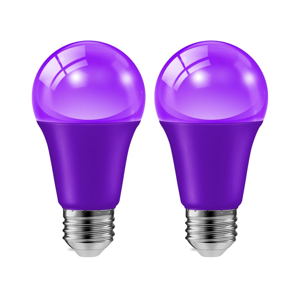 Haraqi 2 Pack 9W (60W Equivalent) 120V E26 Base A19 Led Colored Light Bulb  Purple Led Lights For Party Christmas Decor And Halloween Lighting