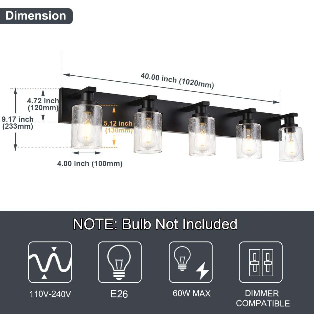 Winshen 5-Lights Farmhouse Bathroom Vanity Light In Black Finish Wall Mount Lighting Fixtures With Seeded Glass For Mirror Cabin