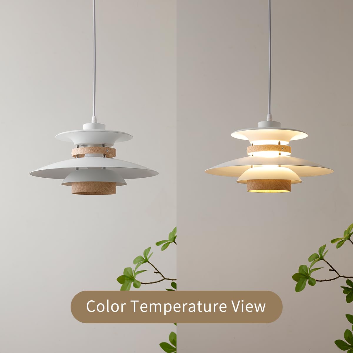 EFINEHOME Modern Pendant Lamp, 1-Light E26 Ceiling Light, Aluminum & Wood, 35cm, White & Light Wood Grain, Model EFLM22385H