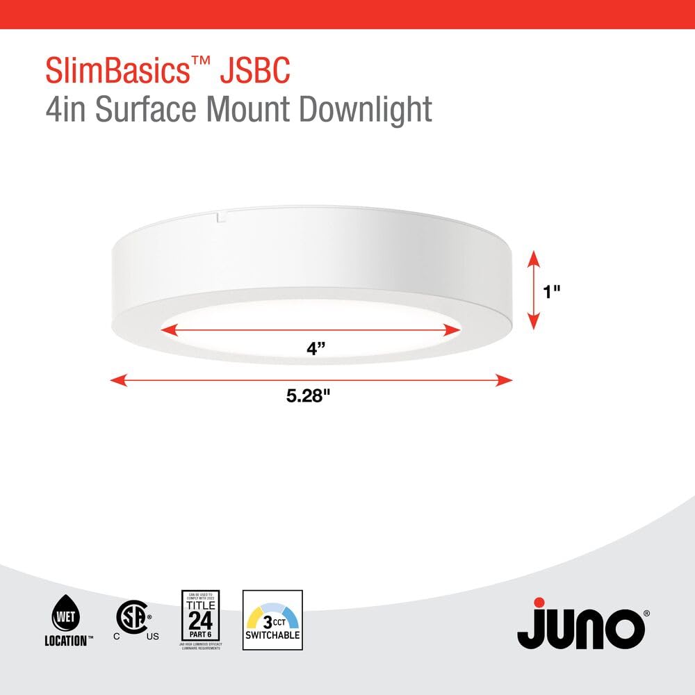 Juno Slim Basics 4 Inch Led Ceiling Light, Low Profile Surface Mount Downlight For Shower Or Closet Lighting, 3000K/4000K/5000K