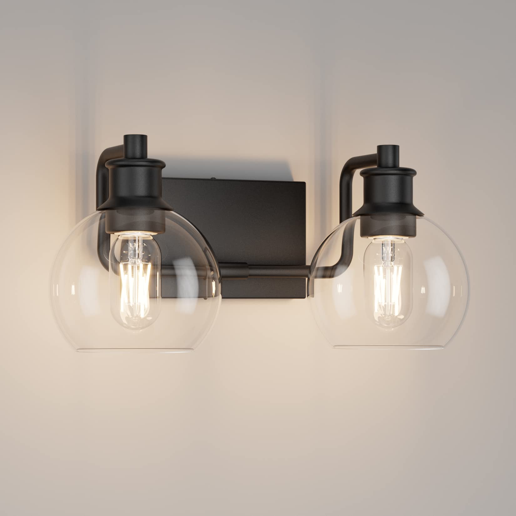 Tipace Black 2-Light Industrial Bathroom Vanity Light Fixture With Clear Glass Globe Sconces