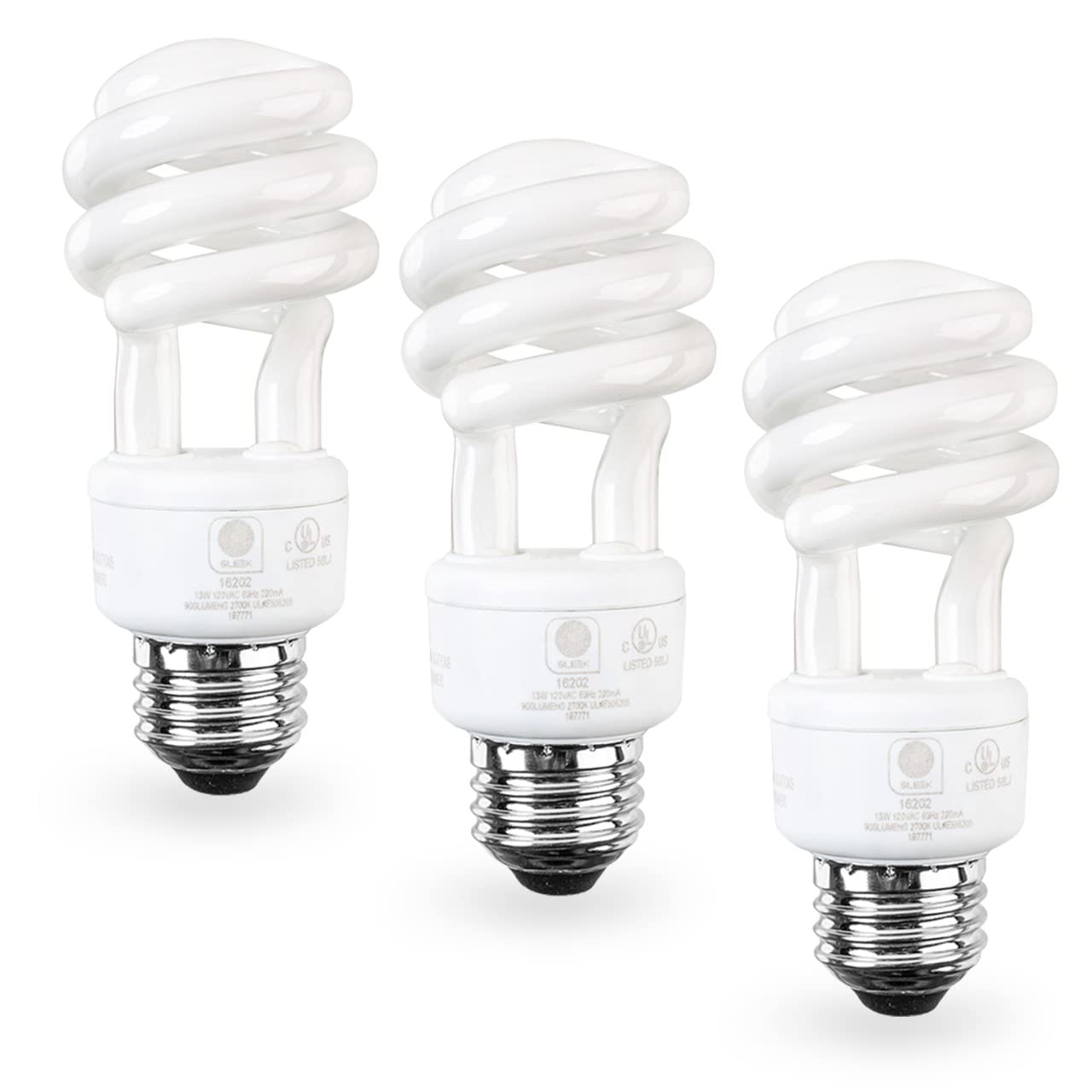 Sleeklighting Spiral Light Bulb - E26 Base Cfl Bulb - Cfl Light Bulbs 13 Watt- 3 Pack, 2700 Kelvin For Warm White And 800 Lumens