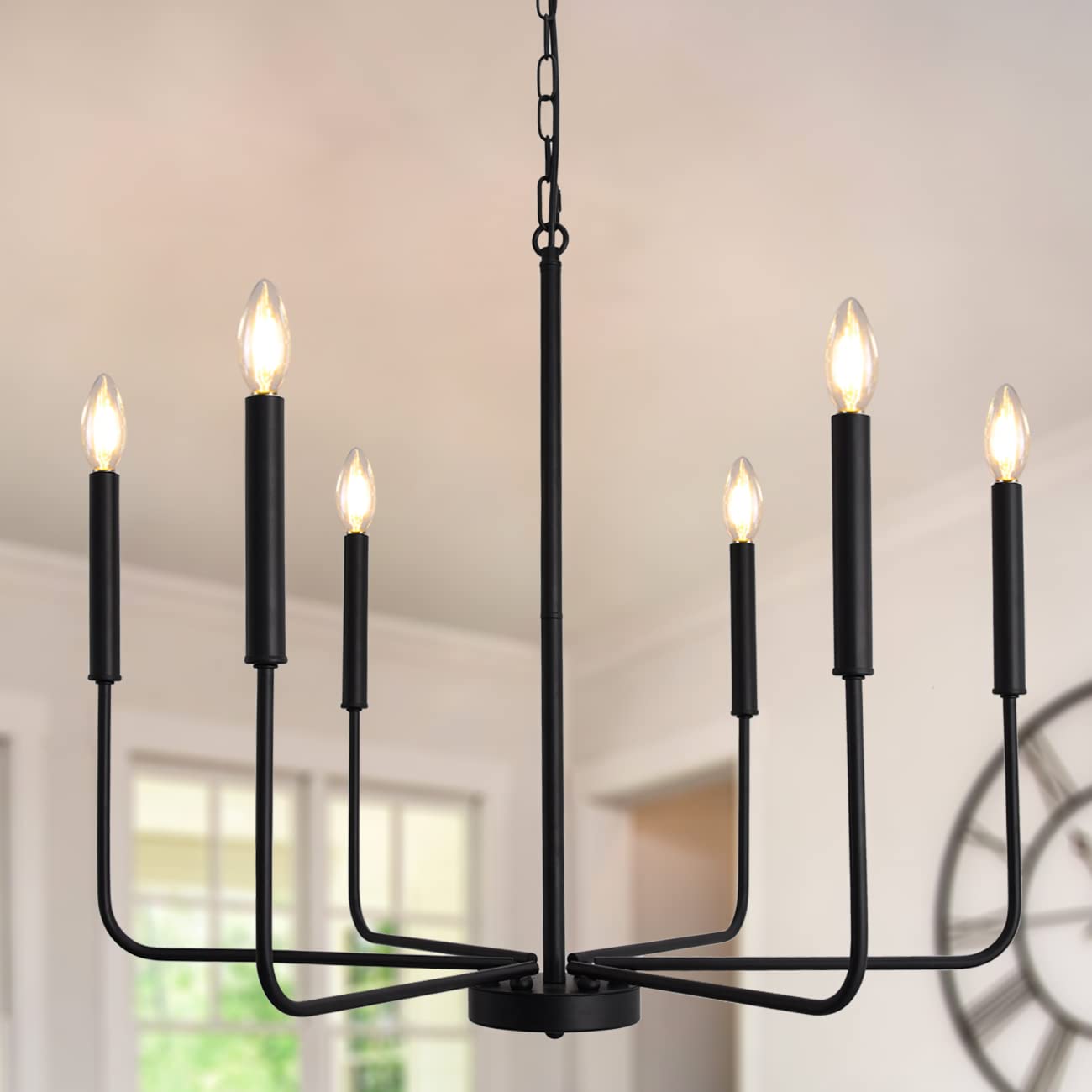 LASENCHOO Black Metal Chandeliers, 26in 6 Lights Modern Candle Linear Fixture for Dining Room, Bedroom, Kitchen, Model BLM-D0070-6