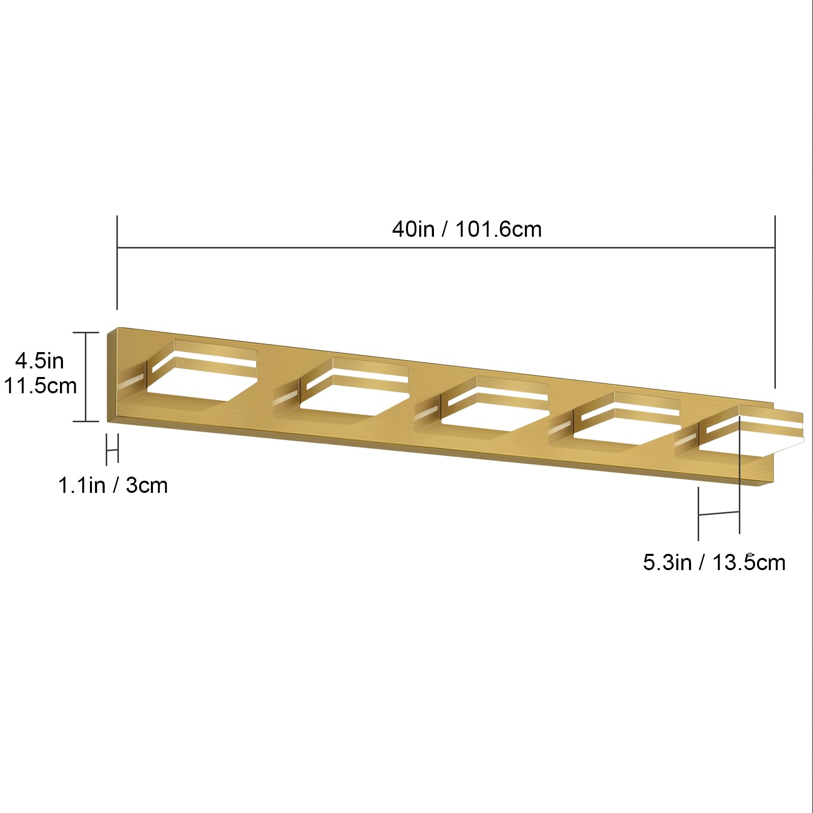 SineRise LED Bathroom Vanity Light Fixture, 5-Light, 40-Inch, Dimmable, Brass, Acrylic Wall Lighting Over Mirror, Cool White 6000K
