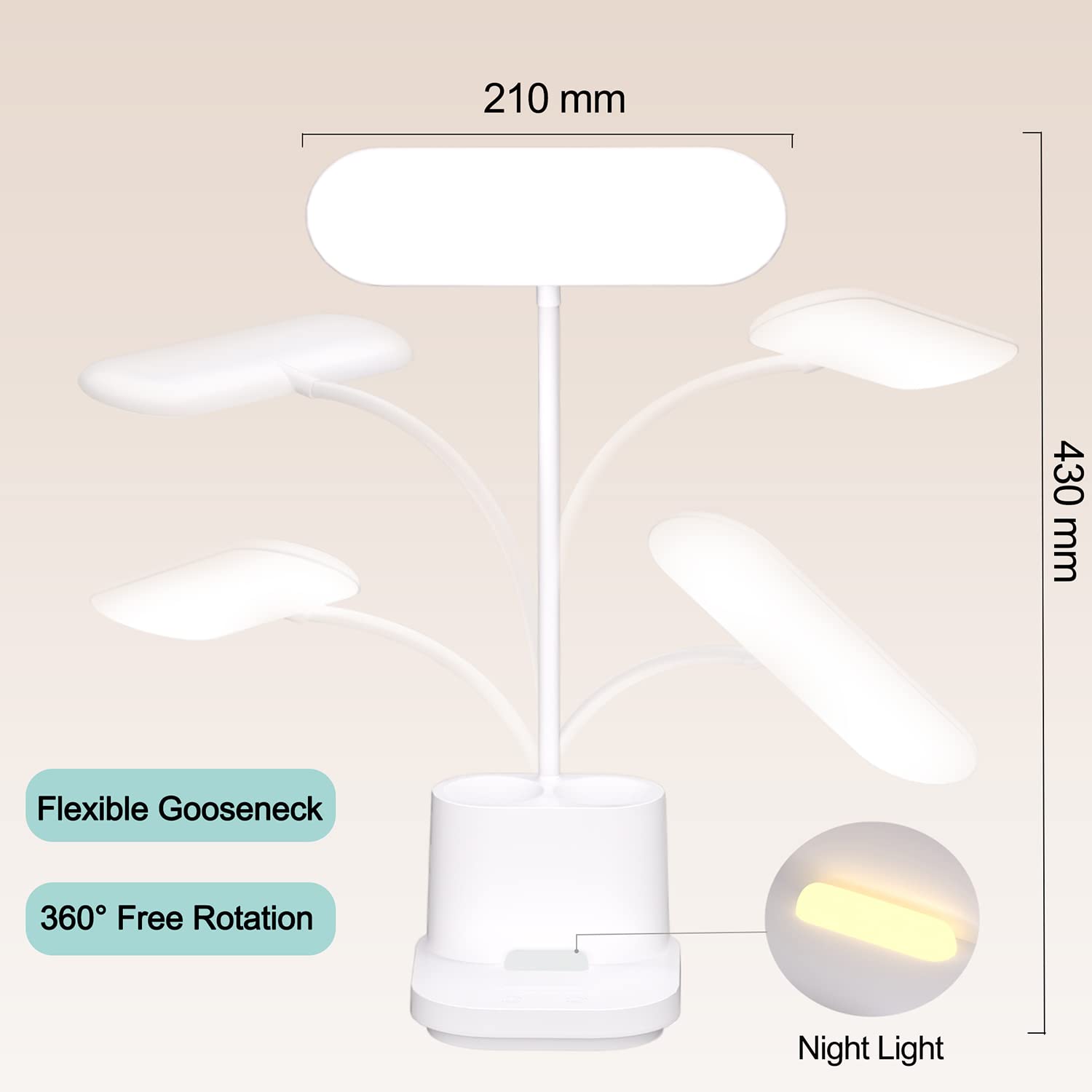 Youkoyi Led Desk Lamp - Rechargeable Touch Control, Stepless Dimming, 3 Color Modes, Gooseneck, White, Model T22