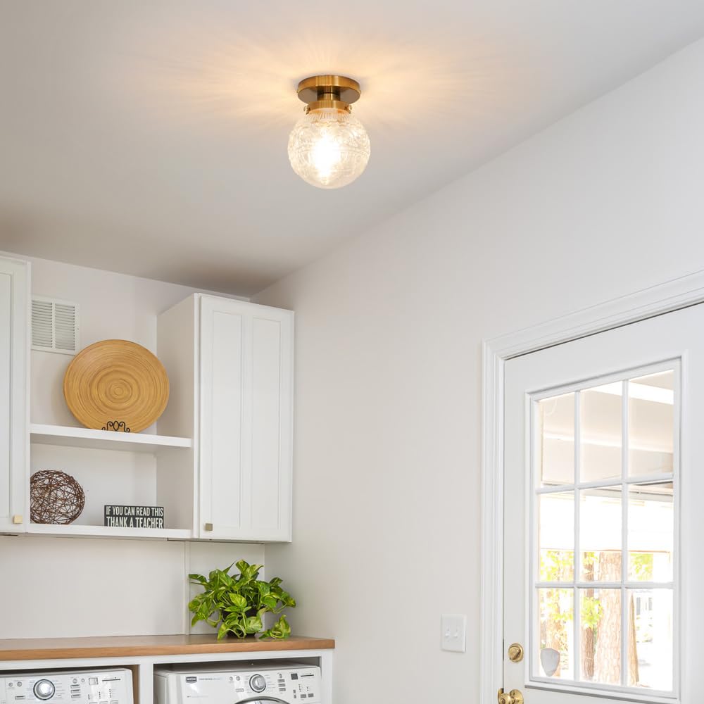 Daunton Semi Flush Mount Ceiling Light, Modern Globe Clear Glass Ceiling Light Fixture, Vintage Small Brass Gold Hallway Light Fixtures For Kitchen, Entryway, Bathroom, Closet