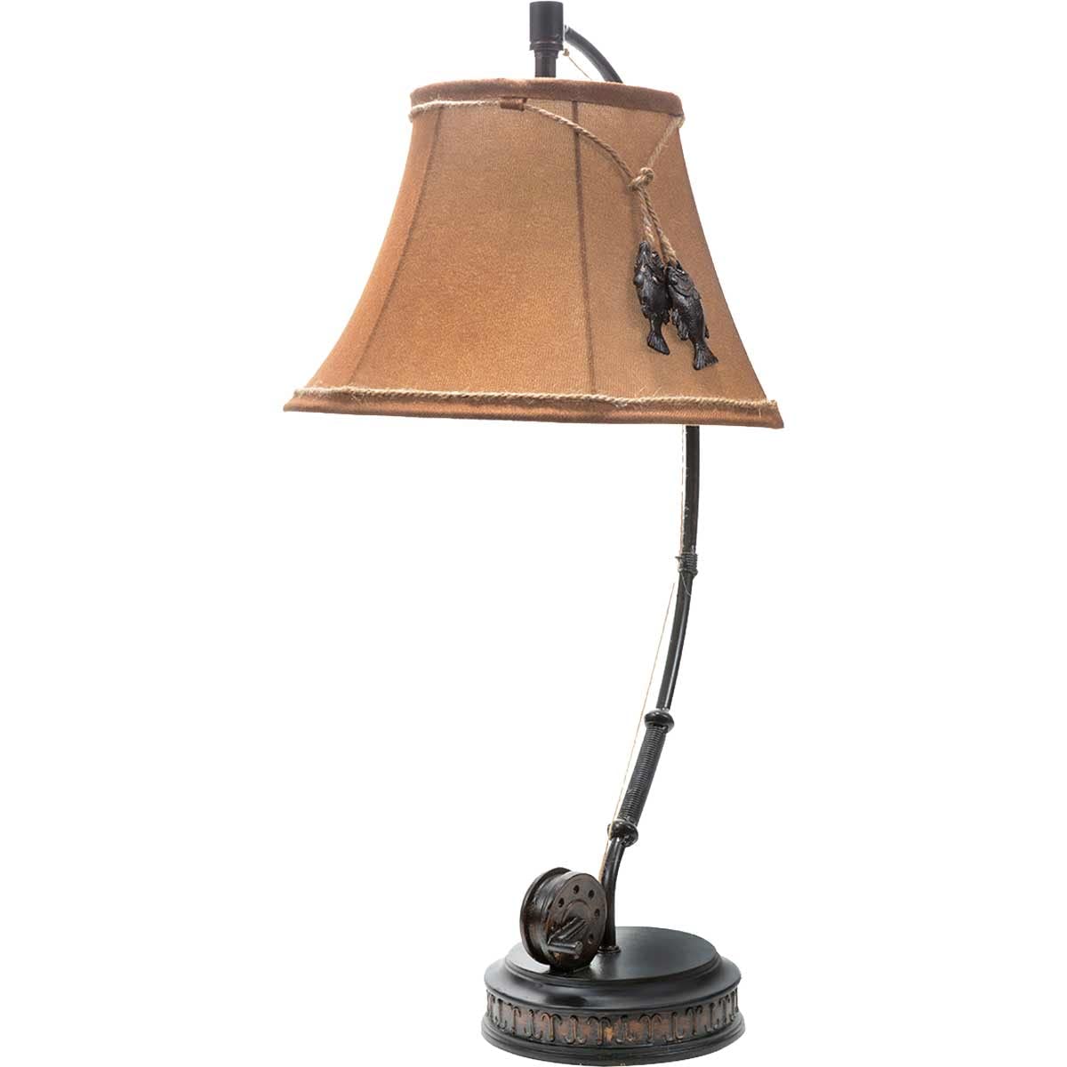 BLACK FOREST DECOR Fishing Reel Table Lamp - Faux Moleskin Shade, 28"x15"x13", Perfect for Cabin & Lodge Decor