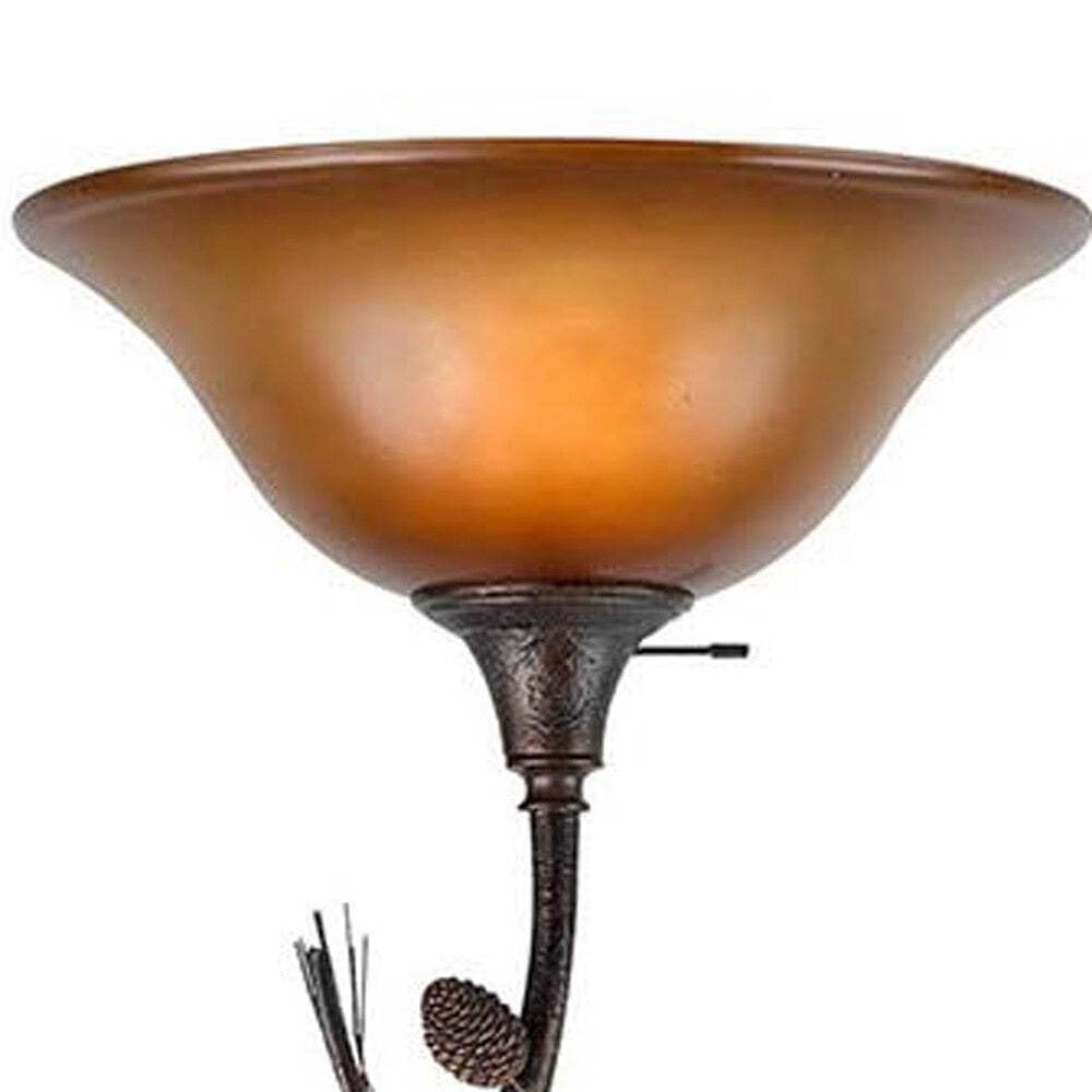 HomeRoots Torchiere Floor Lamp with Brown Frosted Glass Dome Shade, 72 in. Tall, Rusted Finish