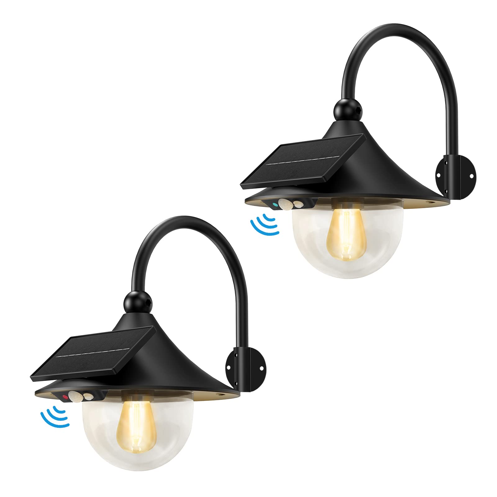 Auzev Solar Lanterns Outdoor Wall Light, 3 Modes, Motion Sensor, Waterproof, Black-2Pack