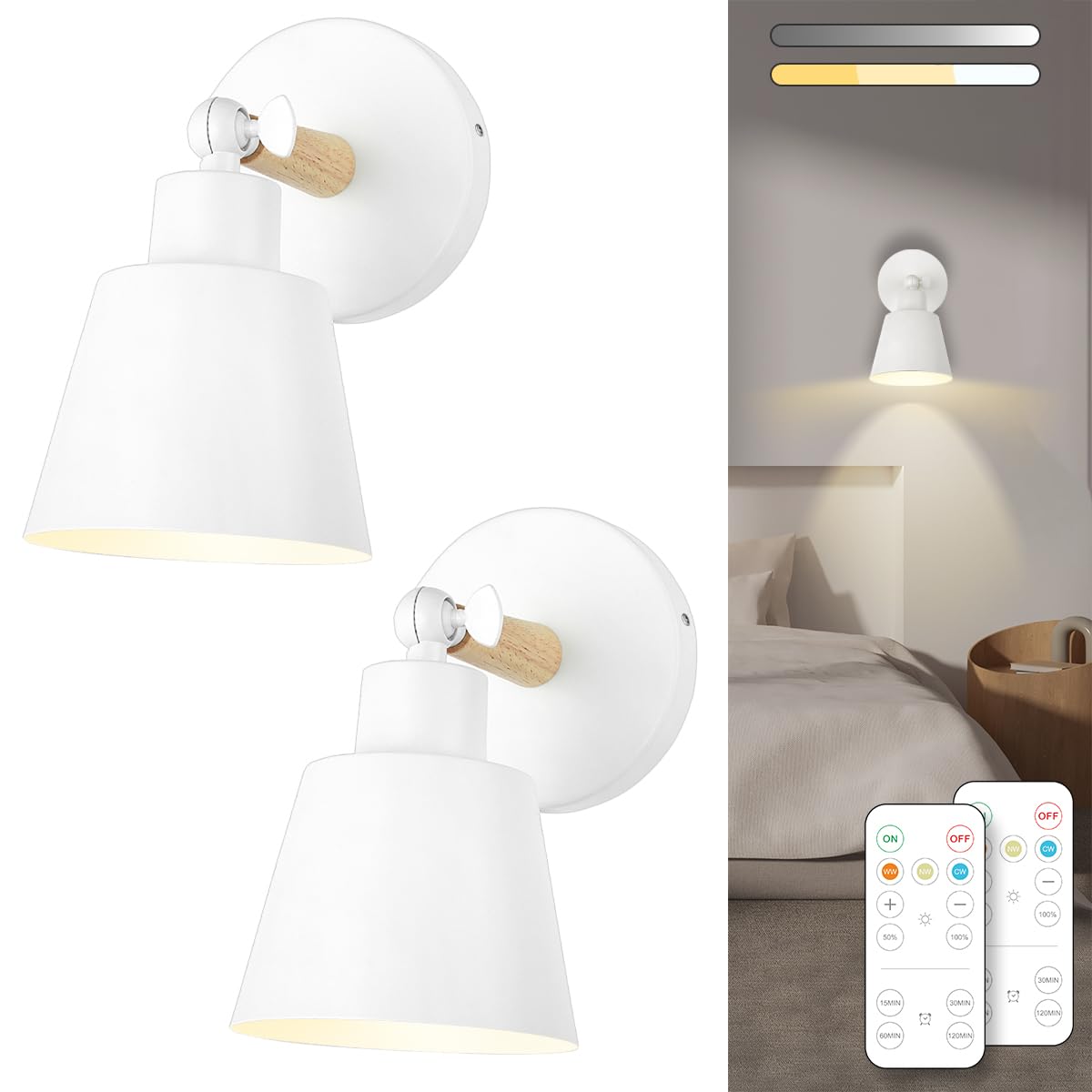 Bimean White Battery Operated Wall Sconce Set Of Two, Easy To Install Wireless Lights For Wall, Remote Control Dimmable Led Lights, Auto Timer Wall Lamp Fixtures For Bedroom, Gallery, Living Room, Rv…