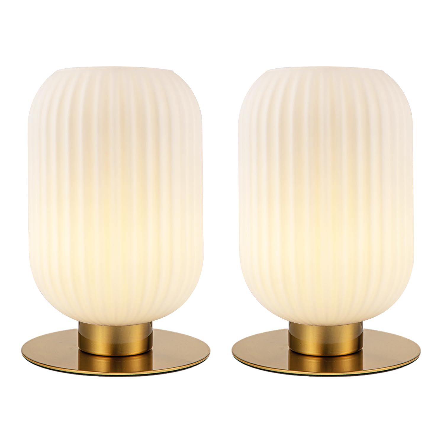 Soutas Mid Century Modern Bedside Lamp Set of 2, White Nightstand Lamp Glass Bedside Lamp with Round Metal Base, Vintage Gold Ta