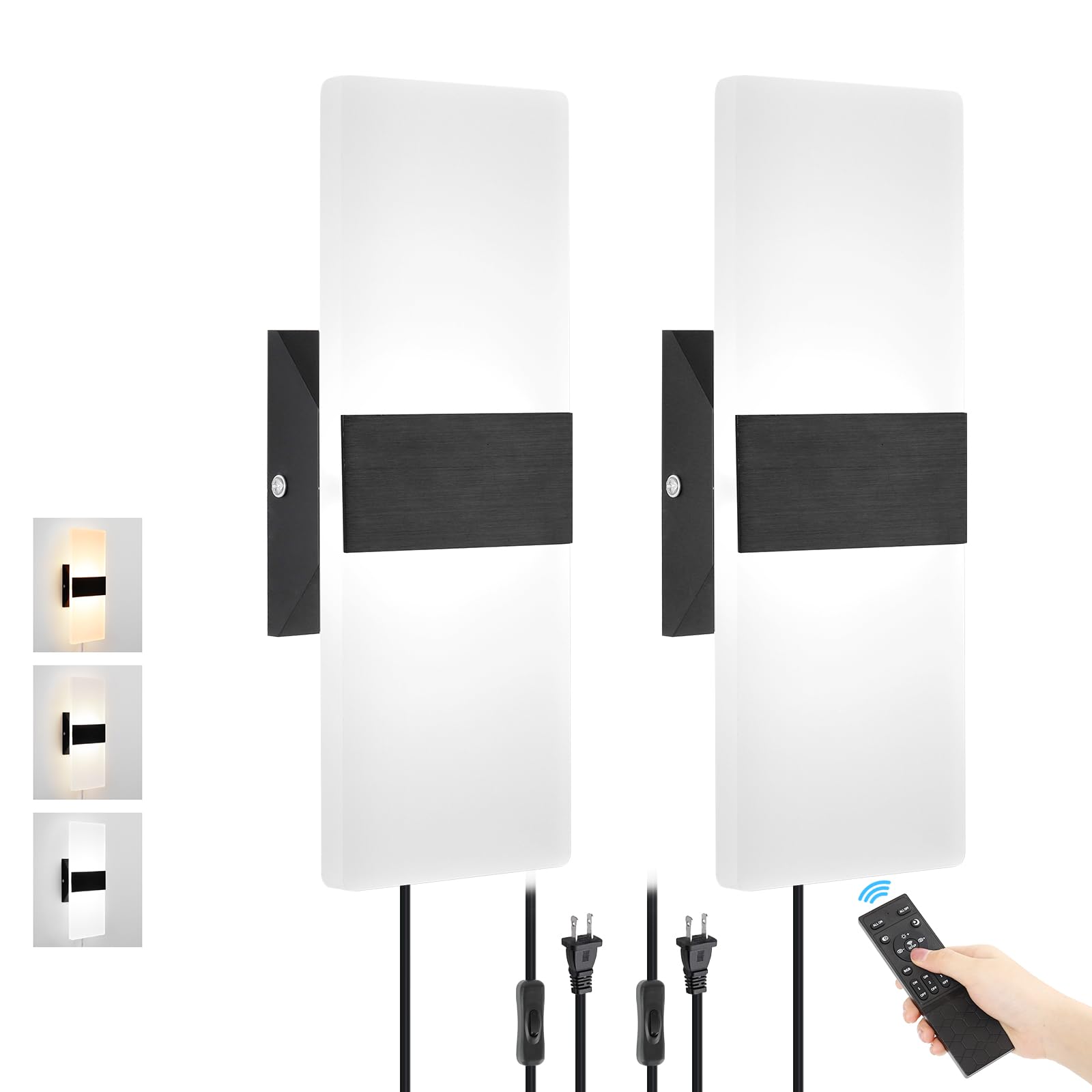 Goodate Plug In Wall Sconces, Adjustable 3000K-6500K, 12W Led, Set Of 2, Black, Acrylic + Pure Aluminum, Model Ykl-02