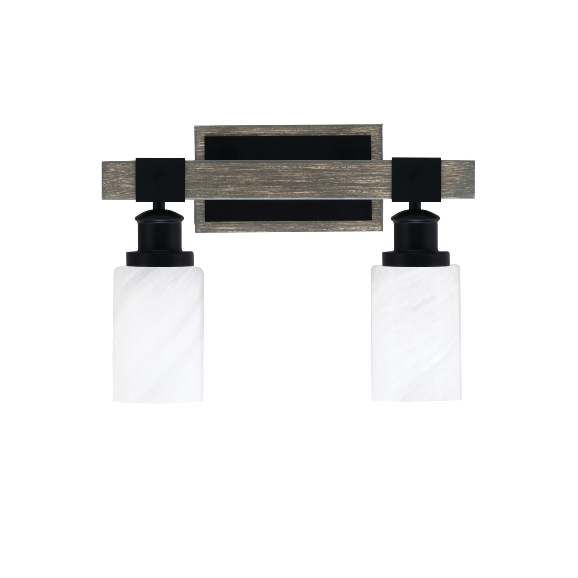 Toltec Lighting Tacoma 2 Light Bath Bar - Matte Black & Distressed Wood-Look Metal, 4in White Marble Glass