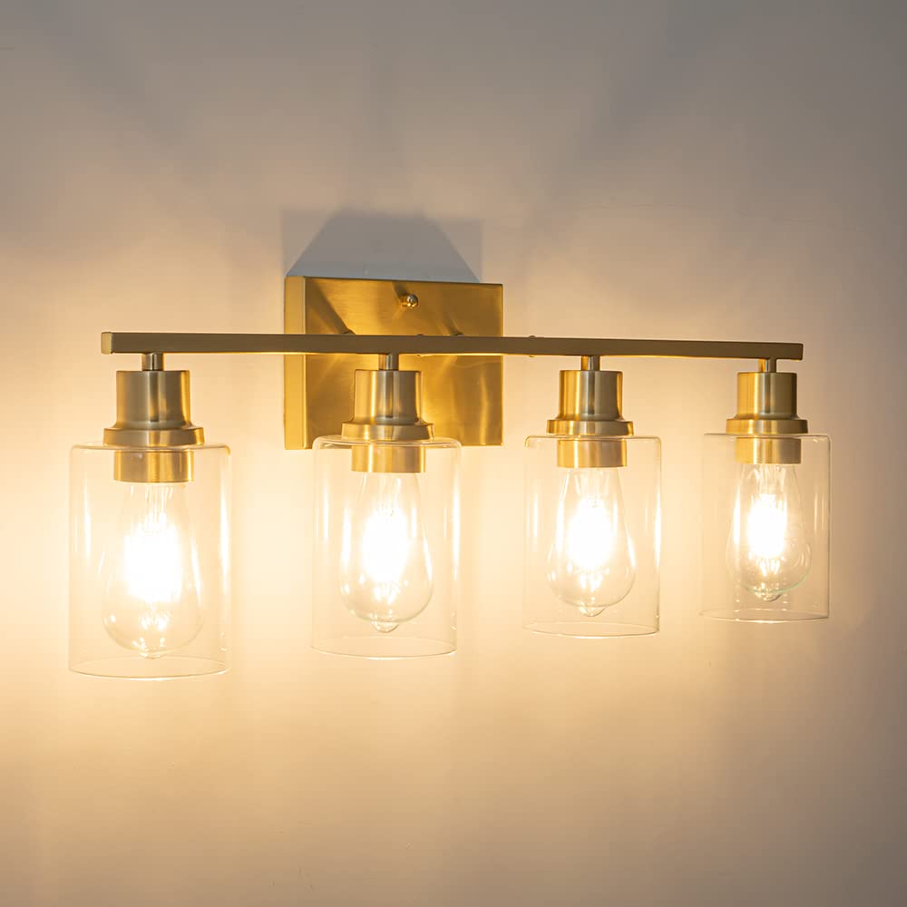 Emong Gold Bathroom Light Fixtures,4-Lights Brushed Brass Vanity Light With Clear Glass Shade,Modern Wall Sconces For Hallway, F
