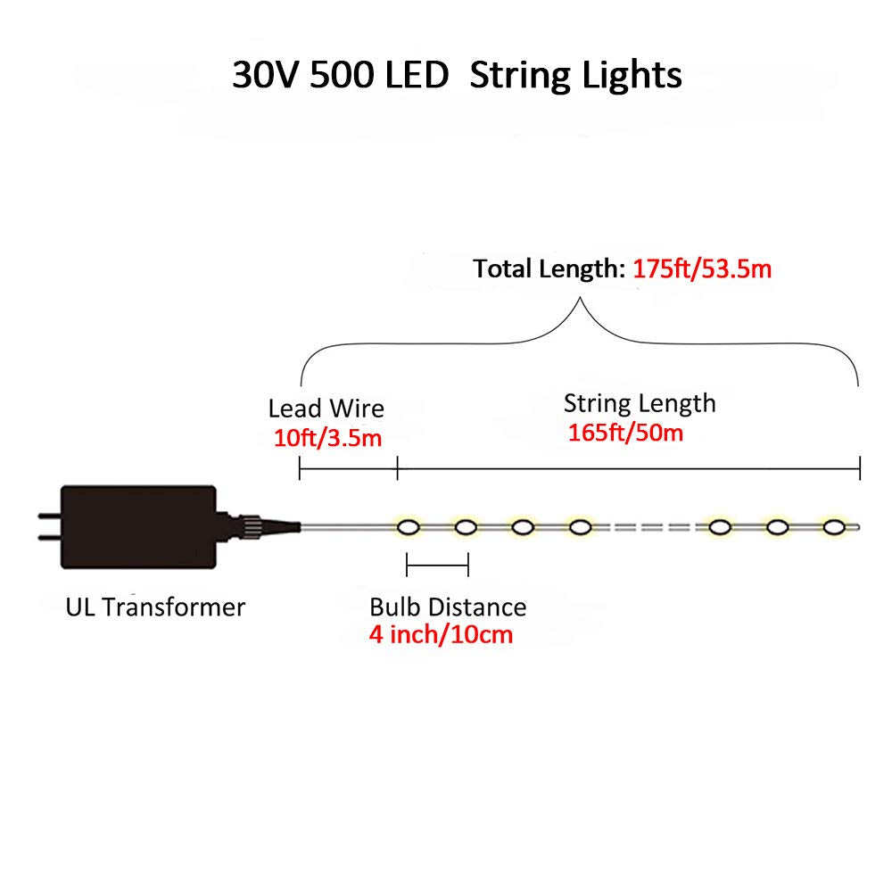 MYGOTO Xmas String Lights 500 LED 165ft 8 Modes Plug-in Multicolor Fairy Lights for Home Garden Party Wedding Decoration