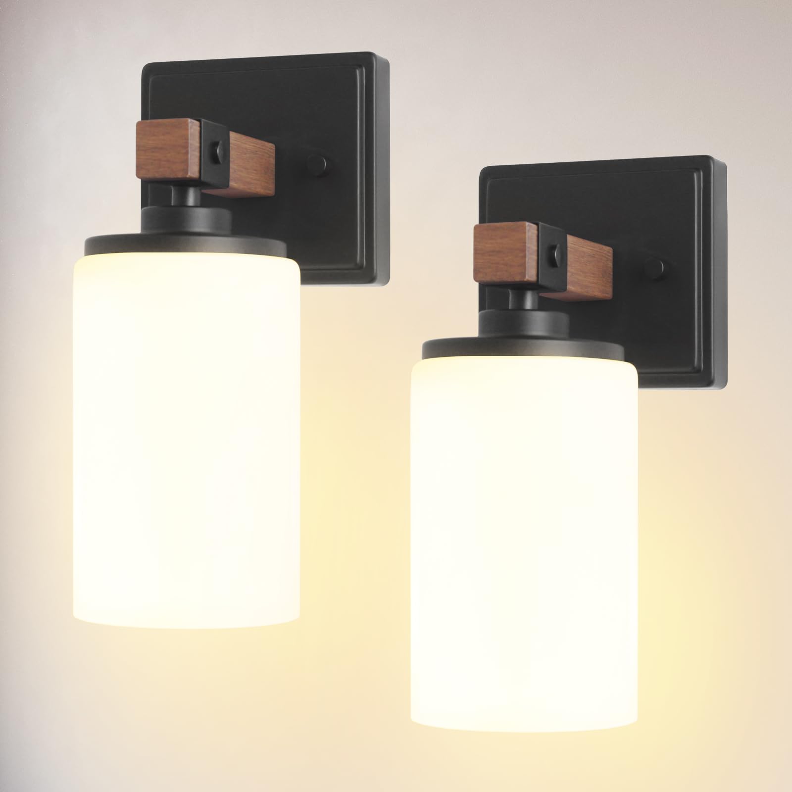 Wall Sconces Set of 2  1 Light Farmhouse Rustic Vanity Light for Bathroom  Wood Grain Rustic Wall Lights Fixtures with White Shade for Mirror  Bedroom  Living Room  E26  Hardwired(Bulbs Not Included)