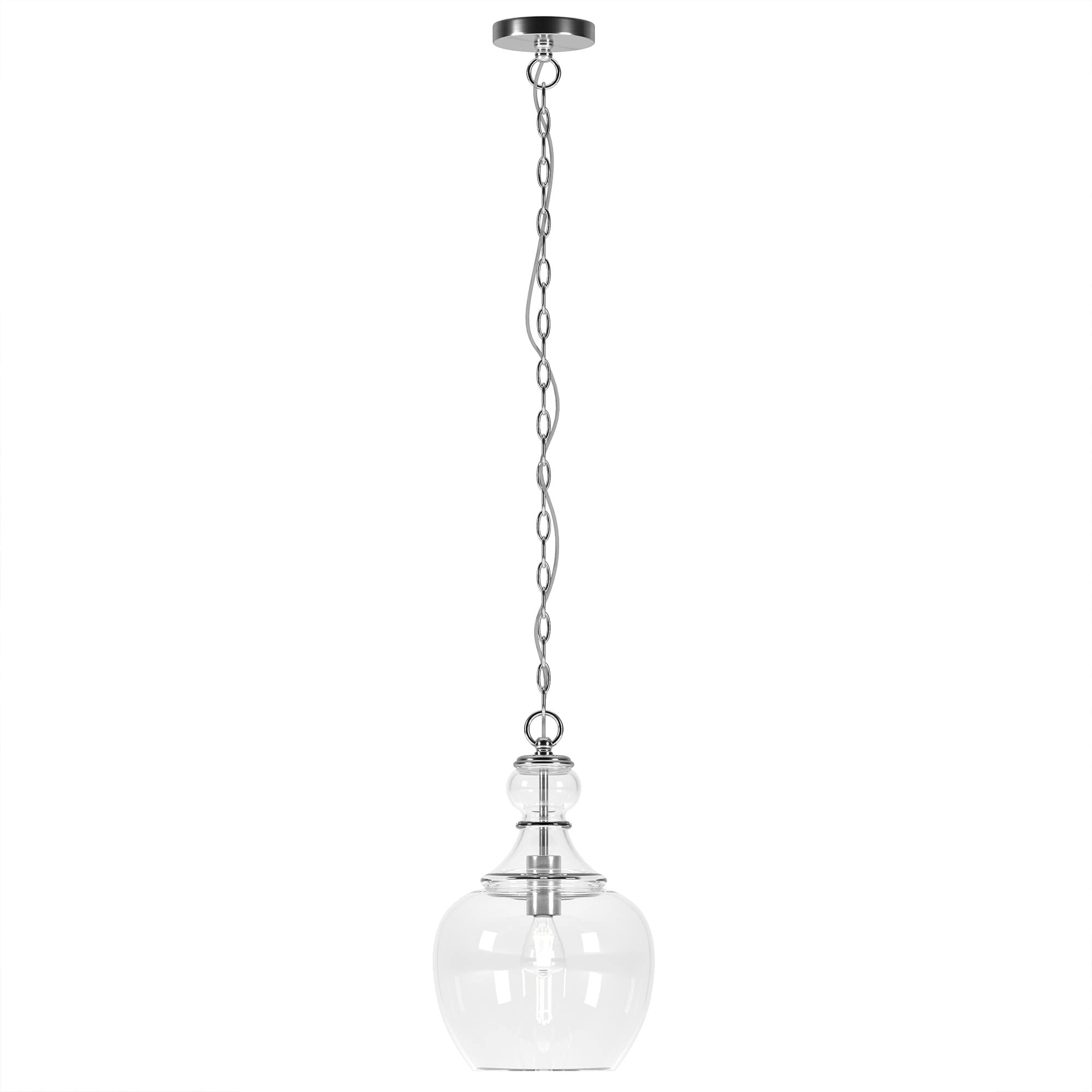 Henn&Hart Pendant Light Fixture, 11in Wide, Brushed Nickel/Clear Glass Shade, Model PD1069, Ideal for Kitchen or Living Room