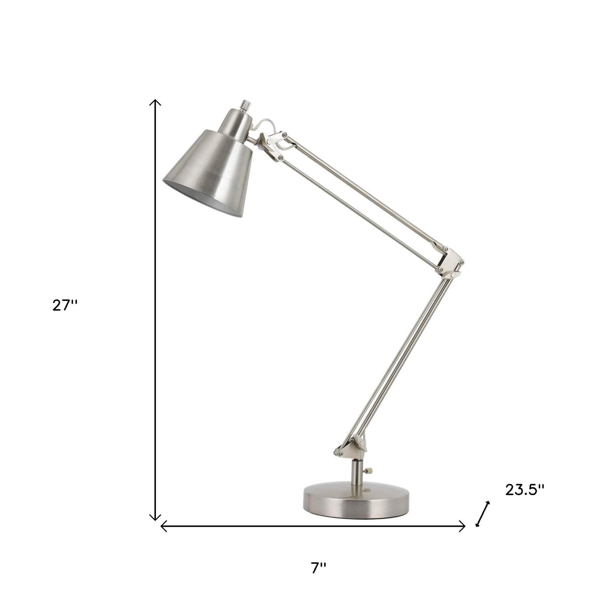 HomeRoots Desk Table Lamp Nickel Metal 27 x 7 x 23.5 in. Cone Shade Model 524653
