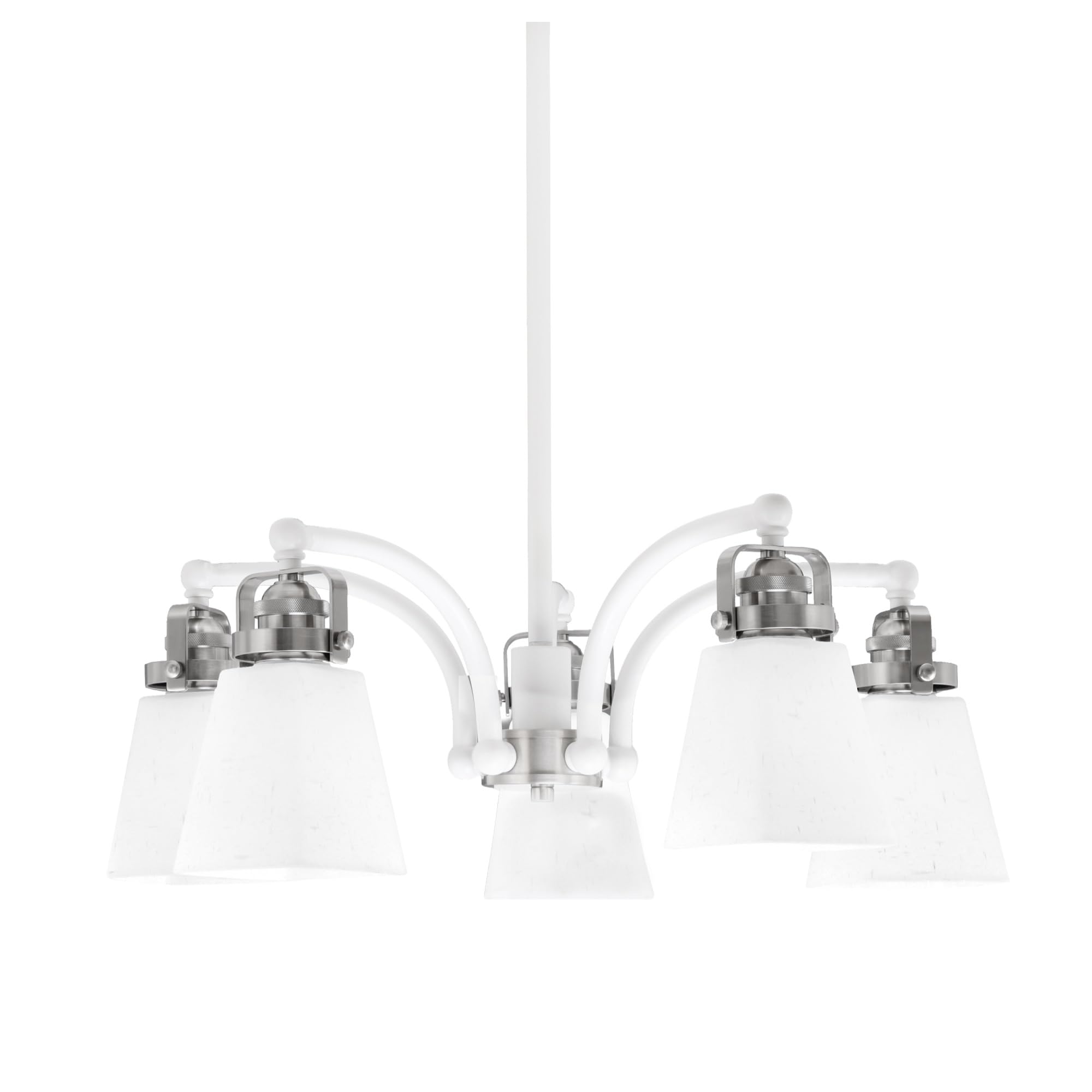 Easton Downlight, 5 Light, Chandelier Shown In White & Brushed Nickel Finish With 4.5&quot; Square White Muslin Glass