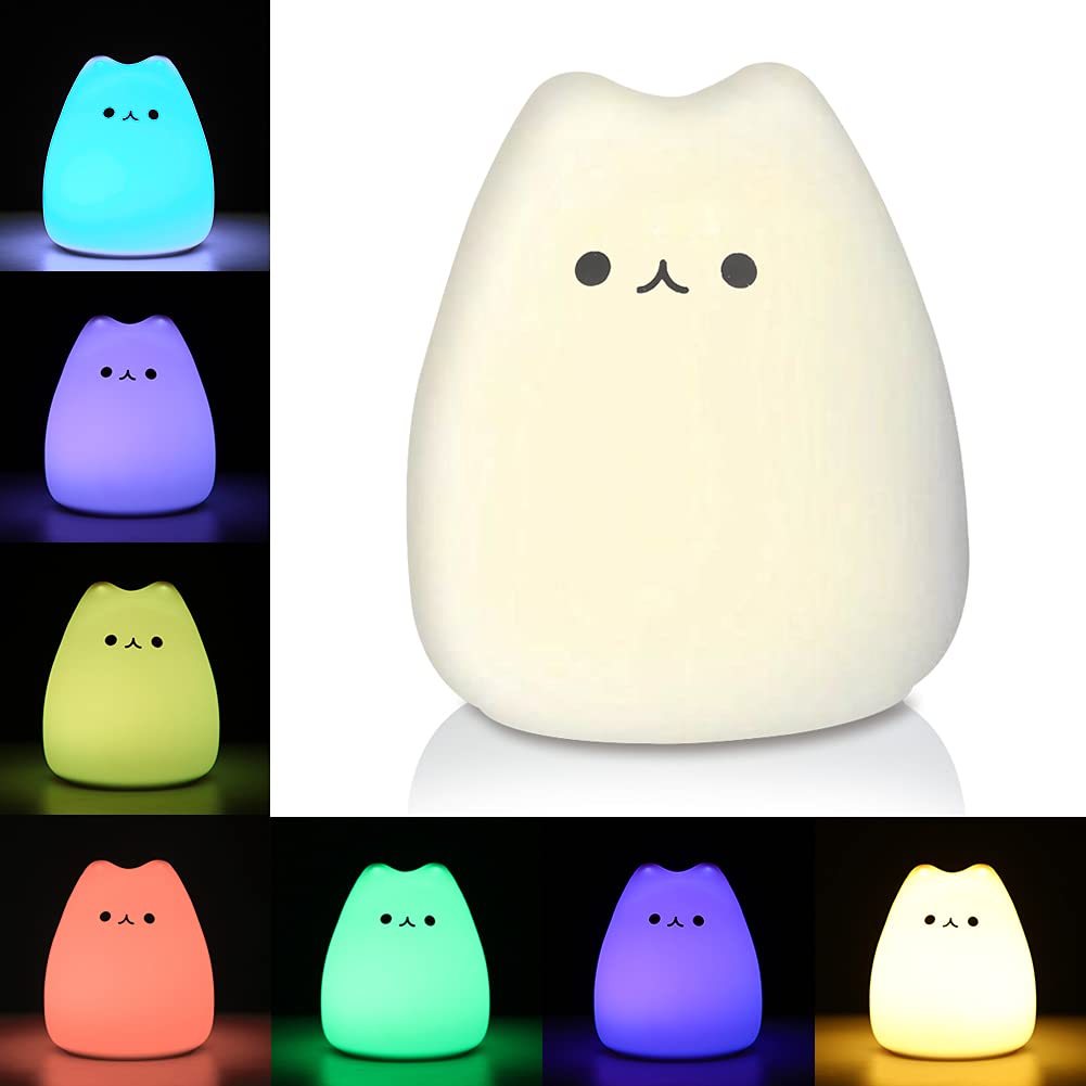 Litake LED Cat Night Light, Silicone Rubber, Mini Celebrity Cat, Battery Powered, White, Portable Nursery Light for Kids