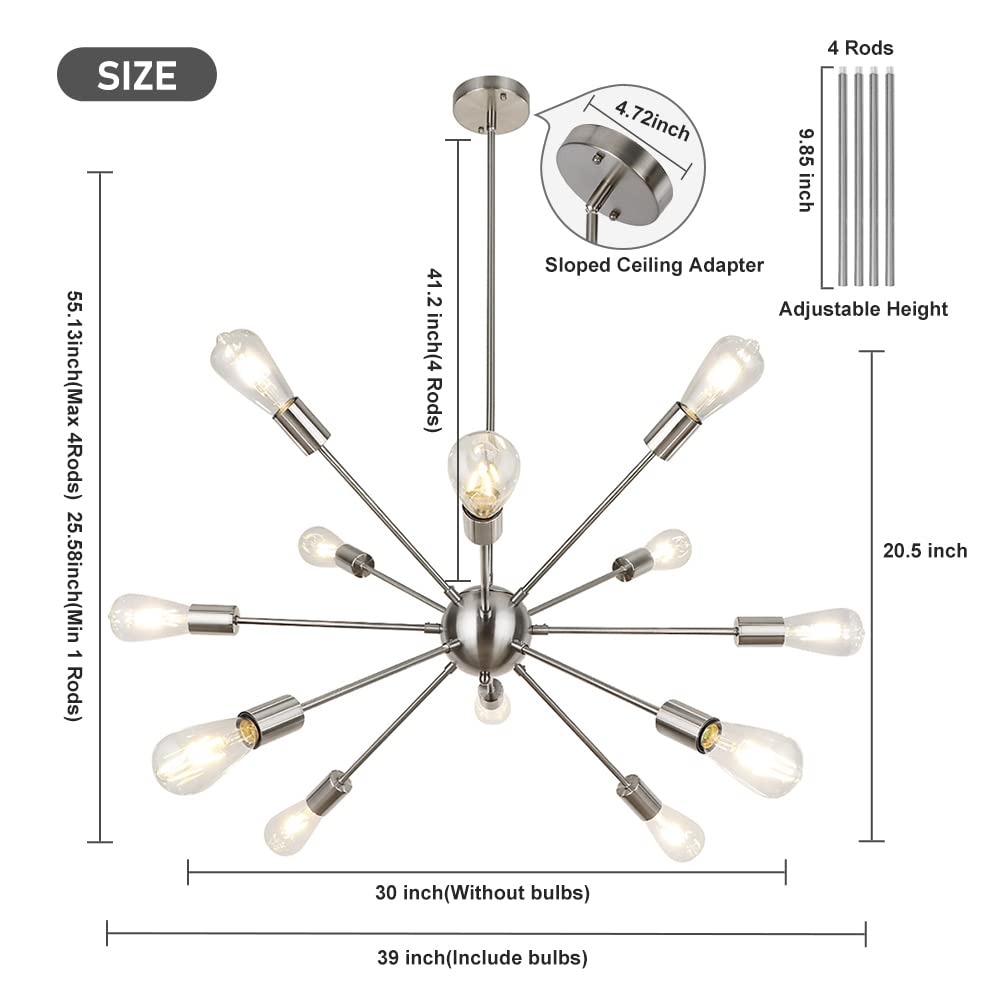 Lynpon 12-Light Brushed Nickel Sputnik Chandelier - Modern Ceiling Light For Dining Room, Kitchen