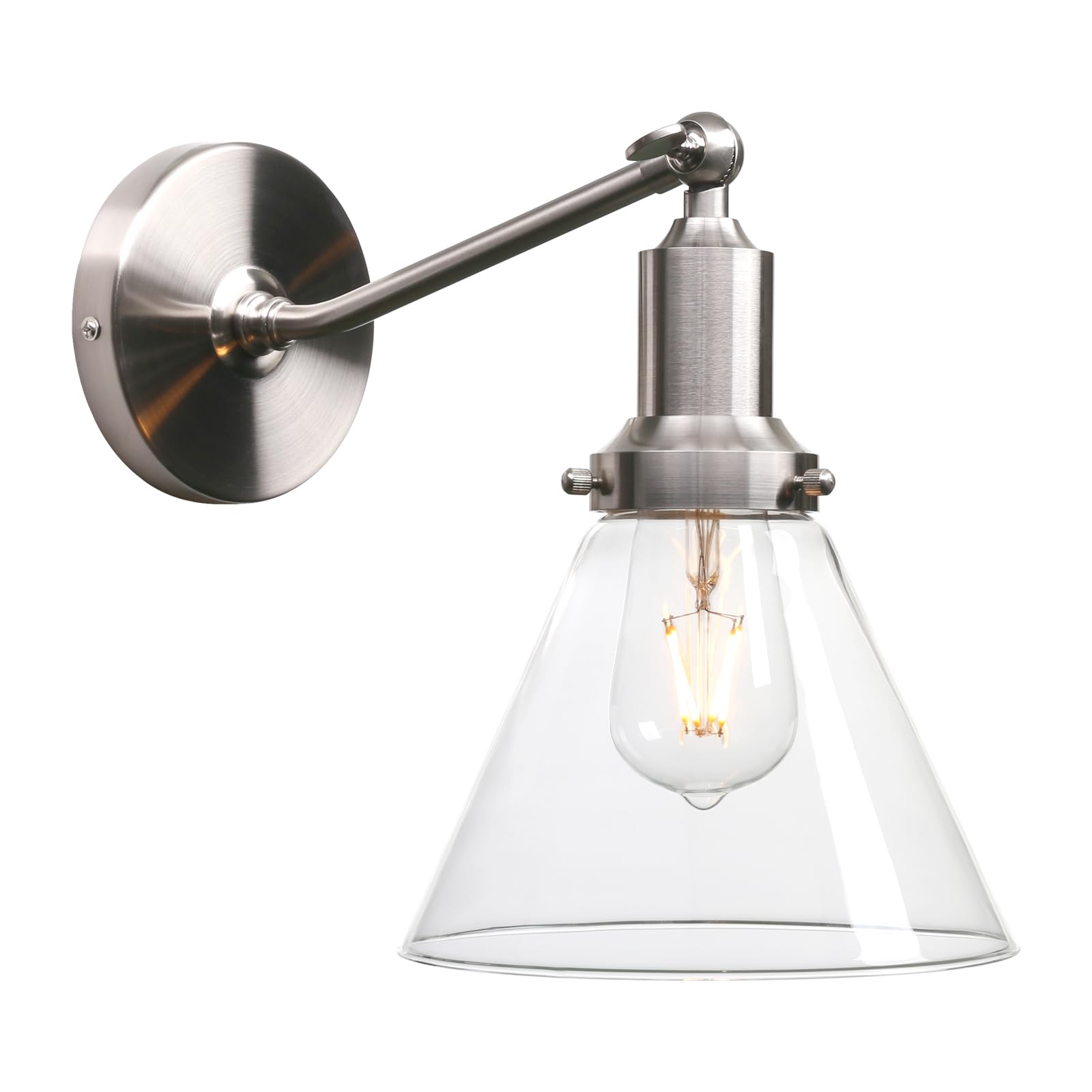 PERMO Industrial Vintage Wall Sconce Light Fixture, Funnel Flared Clear Glass Shade, Brushed Metal, Model Y410, 1-Light Hardwired