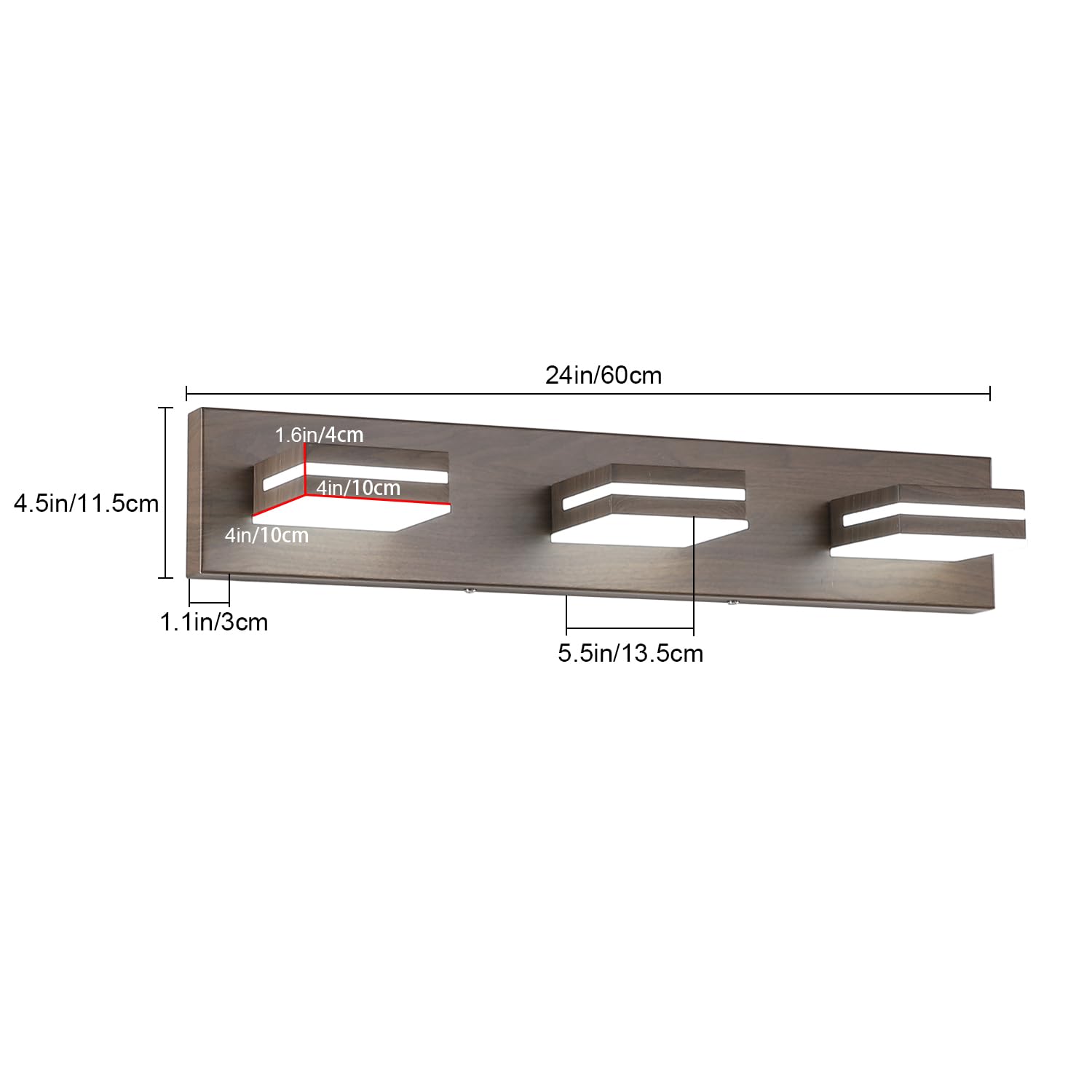 Sinerise Led Modern Bathroom Vanity Light Fixtures (3-Light, 24-Inch), Brown Wood Painted Modern Acrylic Bathroom Wall Lighting