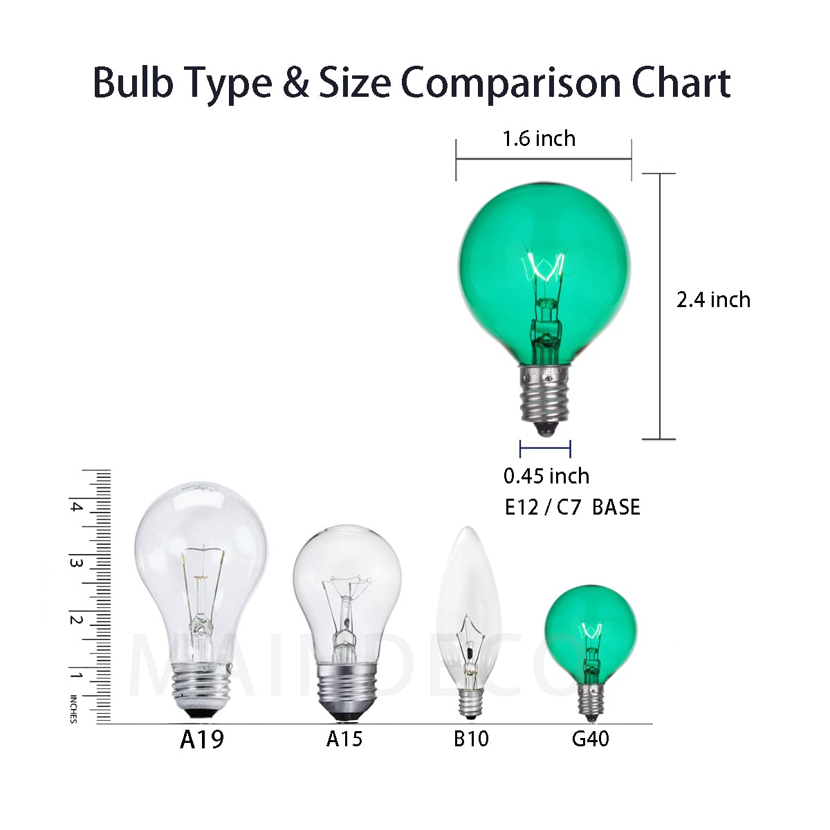 Maindeco 25 Pack G40 Replacement Bulbs,120V 5W Incandescent,E12 Base,For Indoor Outdoor String Lights-Green