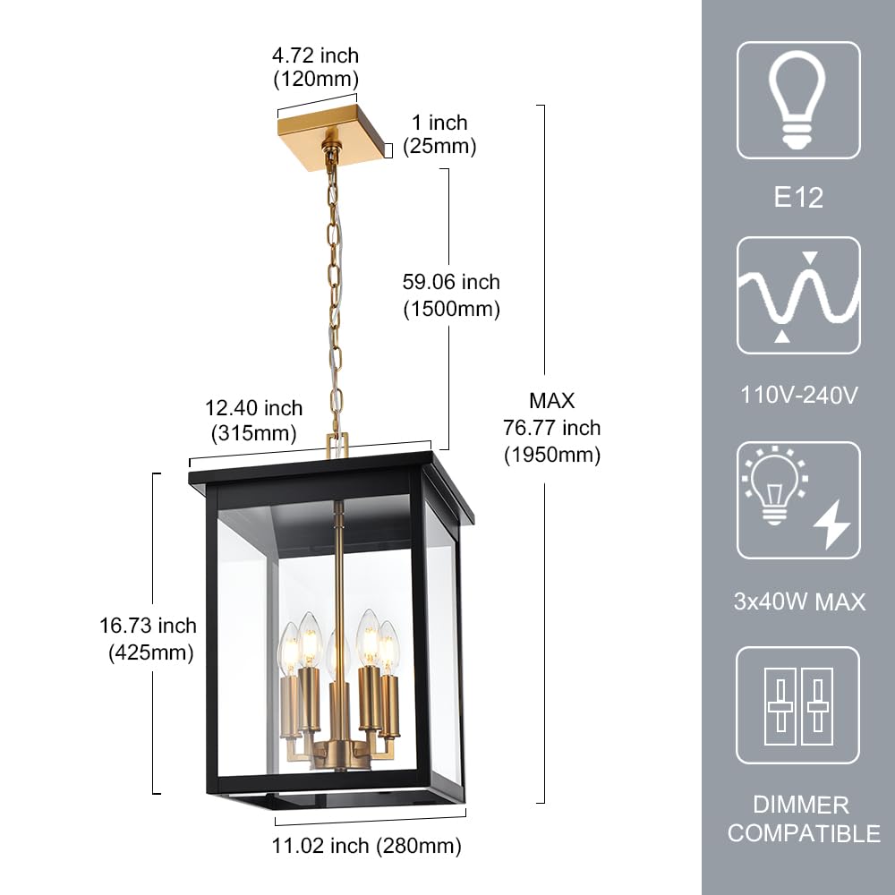 Winshen Large Outdoor Pendant Light Fixtures, 5-Lights Porch Ceiling Mount Lighting Adjustable Chain, Exterior Hanging Lamp Wate