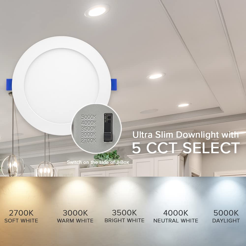 Maxxima Ultra-Thin Recessed LED Downlight, 1050 Lumens, Dimmable, Canless, IC Rated, 2700K-5000K, Single Pack, Aluminum