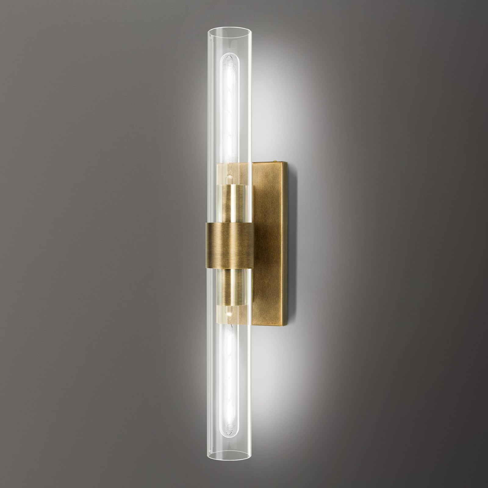 Vookea Brass and Glass Wall Sconces  22.8 Vanity Lights for Bathroom 2 Lights  Horizontal or Vertical Linear Gold Wall Lamp  Indoor Sconces Wall Lighting  Tube Sconce for Living Room  Hallway