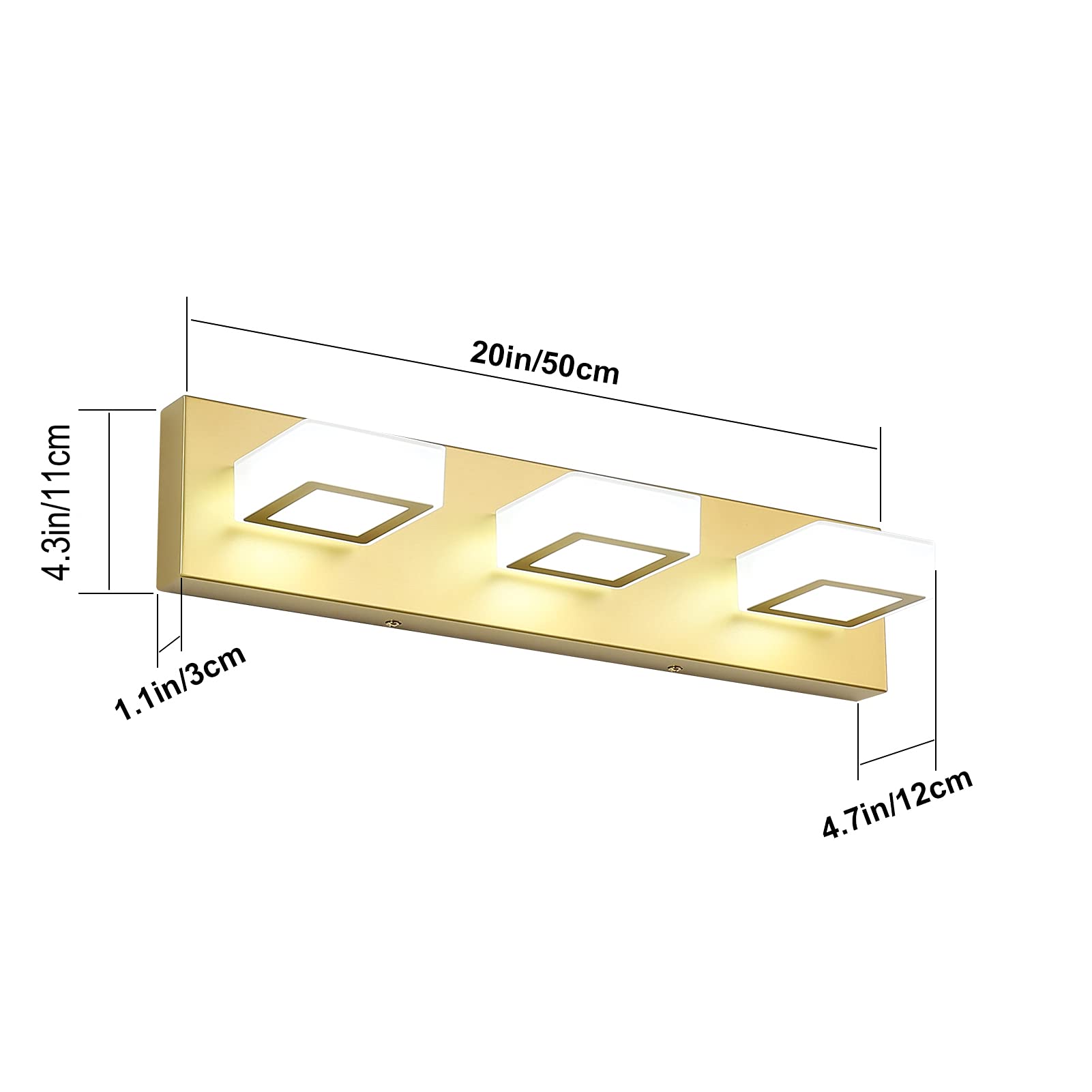 Ralbay Gold Bathroom Vanity Lights 3-Light LED Fixture, 20 Inch, Metal, White Light 6000K, Model 8590-gold-silver