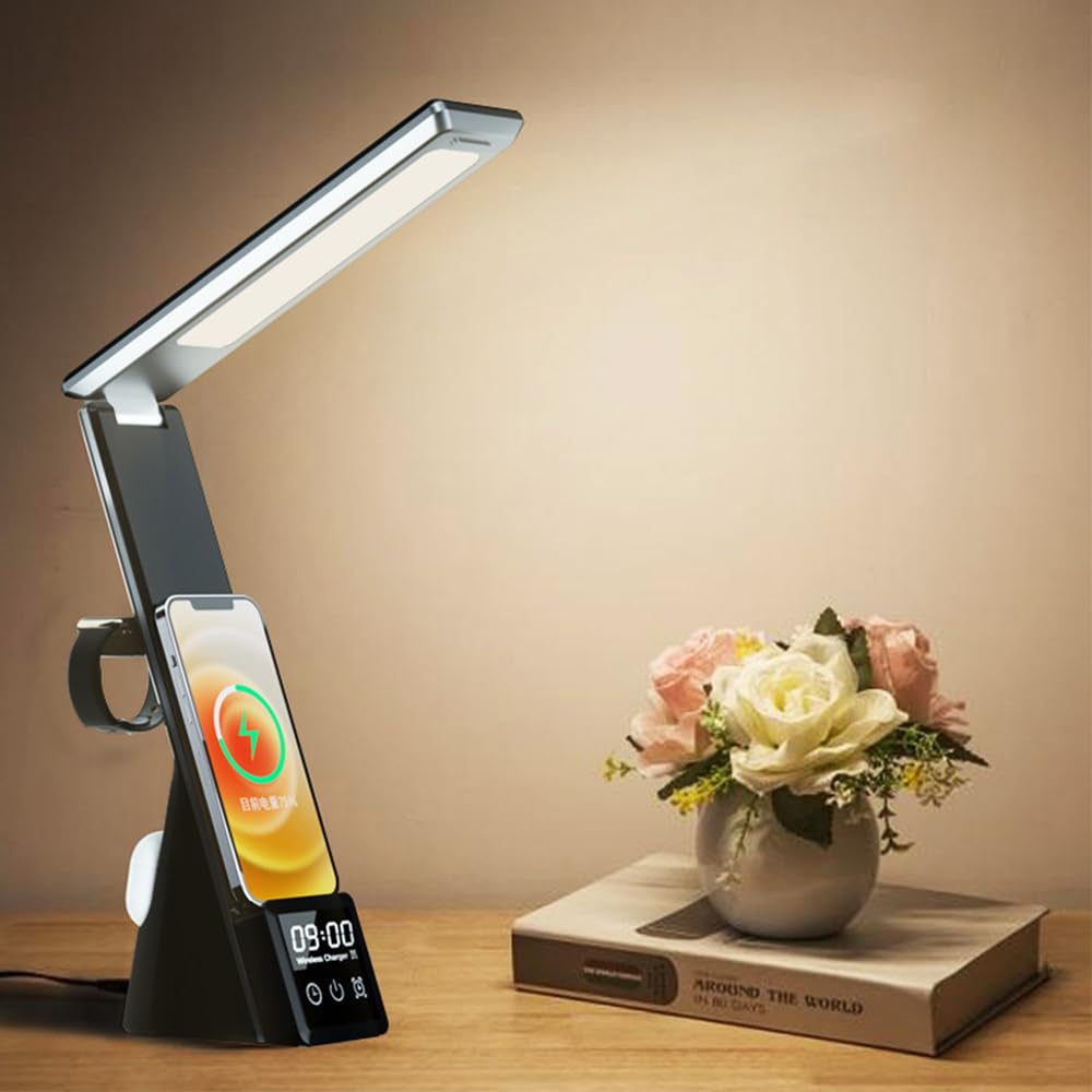 IHAO 6in1 Multifunctional Foldable LED Table Lamp with Wireless Charger Digital Alarm Clock Eye-Care Lighting 3 Color Modes 15W Qi Charger for Phone/Headphones  iWatch Charger Compatible-N61Black